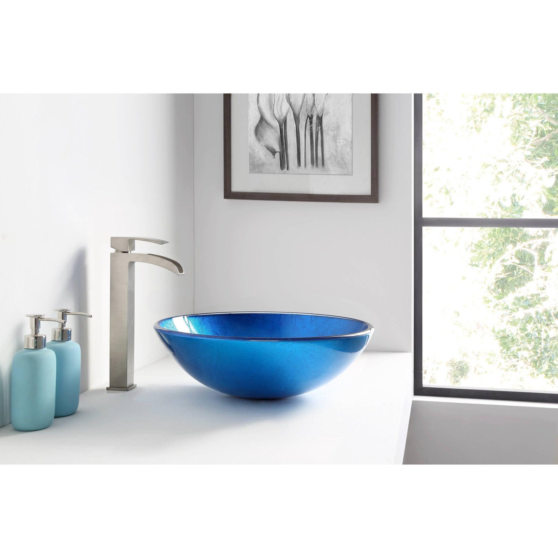 ANZZI Clavier Series 17" x 17" Round Lustrous Blue Deco-Glass Vessel Sink With Polished Chrome Pop-Up Drain