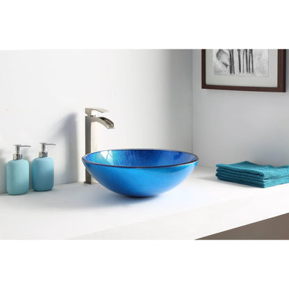 ANZZI Clavier Series 17" x 17" Round Lustrous Blue Deco-Glass Vessel Sink With Polished Chrome Pop-Up Drain