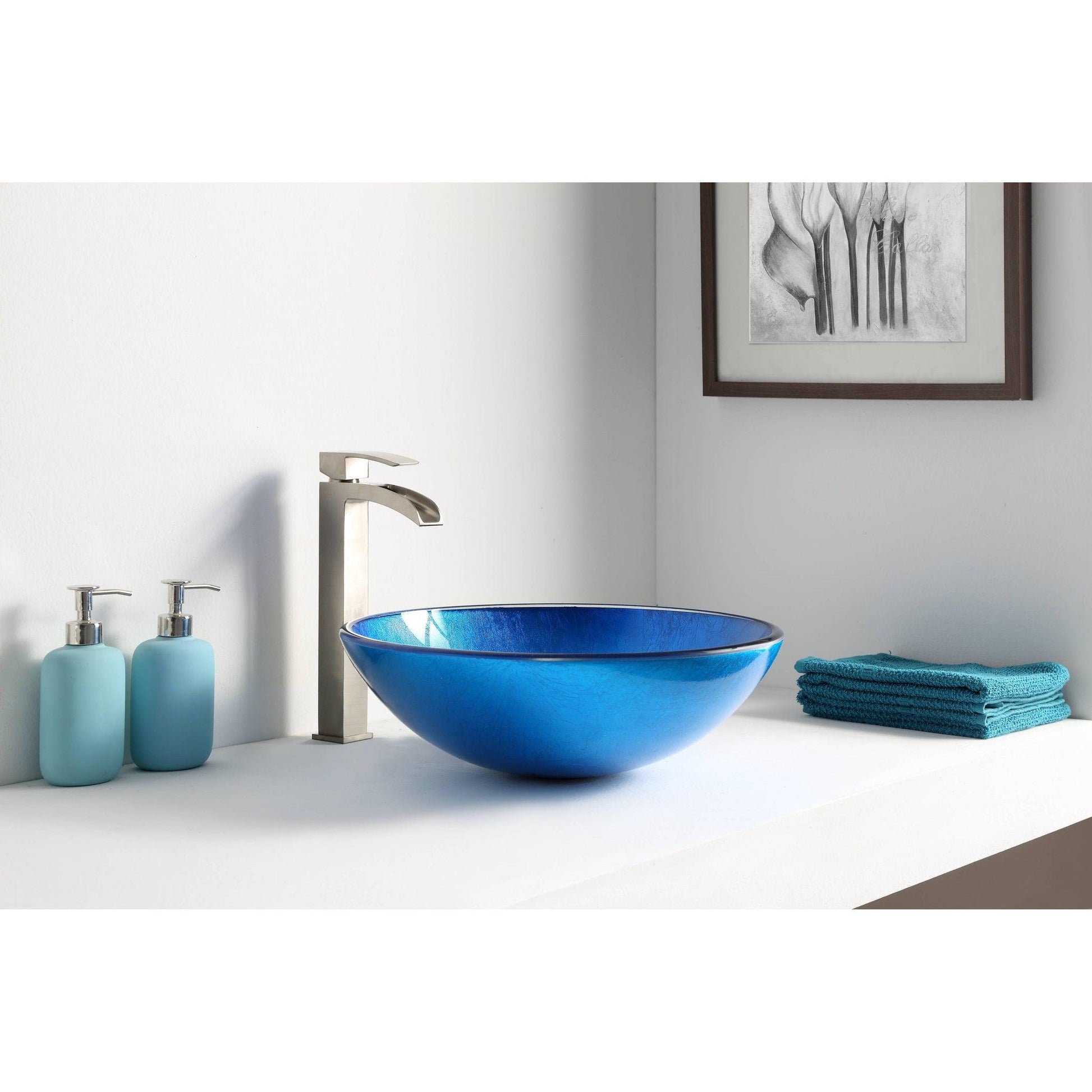 ANZZI Clavier Series 17" x 17" Round Lustrous Blue Deco-Glass Vessel Sink With Polished Chrome Pop-Up Drain