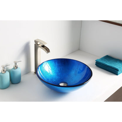 ANZZI Clavier Series 17" x 17" Round Lustrous Blue Deco-Glass Vessel Sink With Polished Chrome Pop-Up Drain