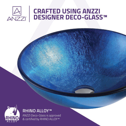 ANZZI Clavier Series 17" x 17" Round Lustrous Blue Deco-Glass Vessel Sink With Polished Chrome Pop-Up Drain