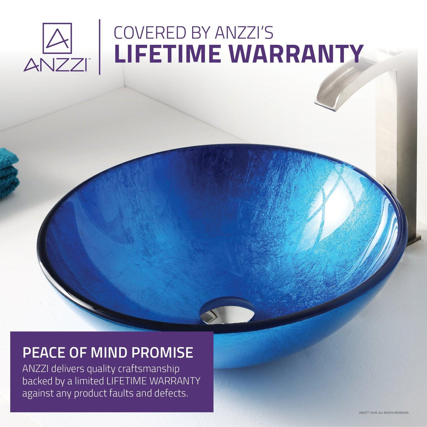 ANZZI Clavier Series 17" x 17" Round Lustrous Blue Deco-Glass Vessel Sink With Polished Chrome Pop-Up Drain