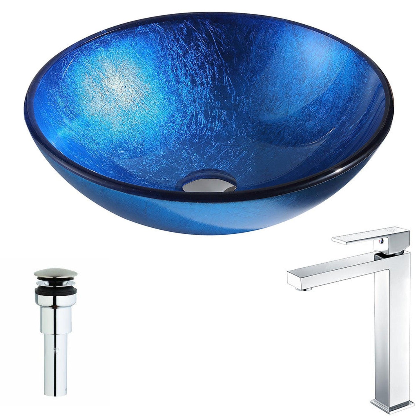 ANZZI Clavier Series 17" x 17" Round Lustrous Blue Deco-Glass Vessel Sink With Polished Chrome Pop-Up Drain and Brushed Nickel Enti Faucet