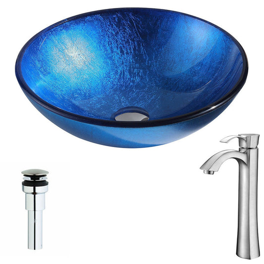 ANZZI Clavier Series 17" x 17" Round Lustrous Blue Deco-Glass Vessel Sink With Polished Chrome Pop-Up Drain and Brushed Nickel Harmony Faucet