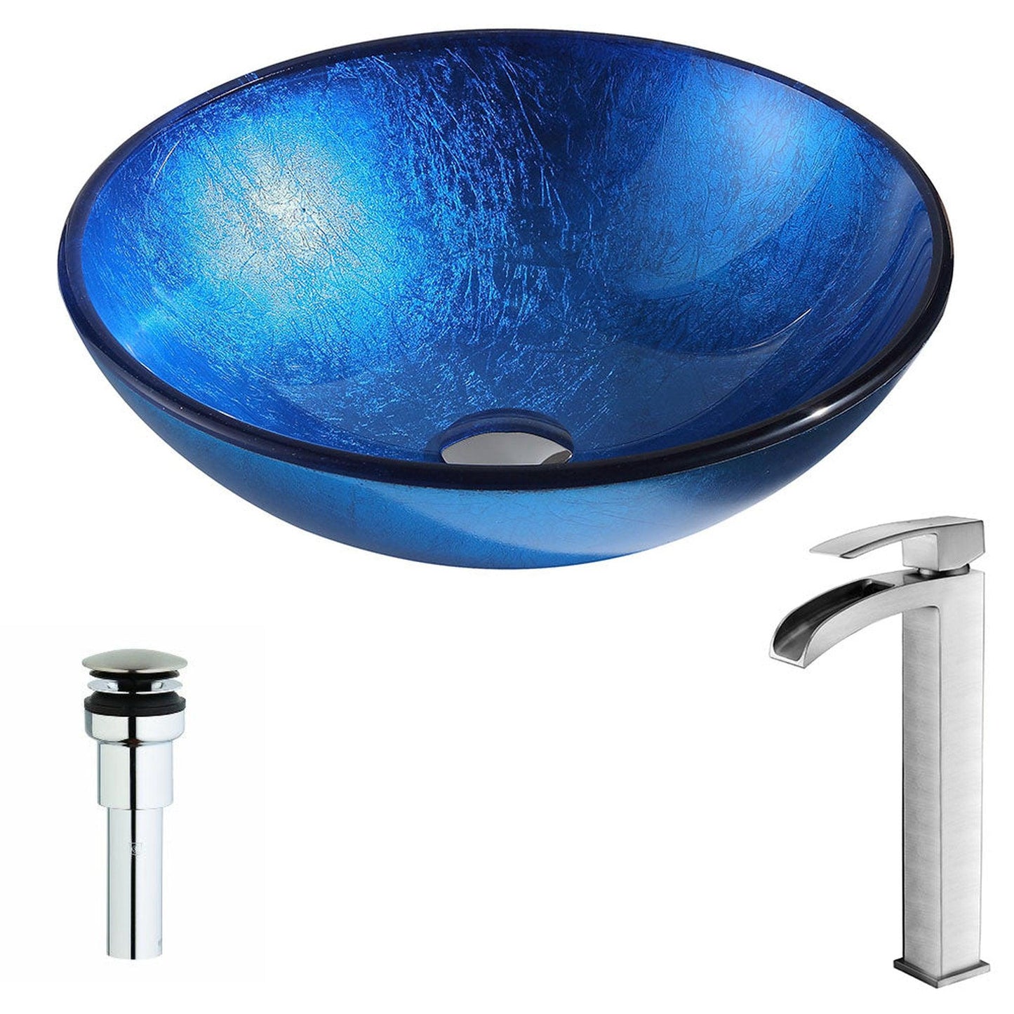 ANZZI Clavier Series 17" x 17" Round Lustrous Blue Deco-Glass Vessel Sink With Polished Chrome Pop-Up Drain and Brushed Nickel Key Faucet