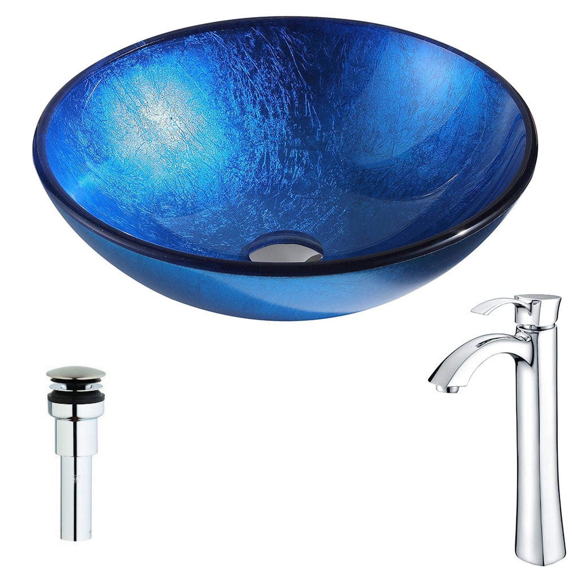 ANZZI Clavier Series 17" x 17" Round Lustrous Blue Deco-Glass Vessel Sink With Polished Chrome Pop-Up Drain and Harmony Faucet