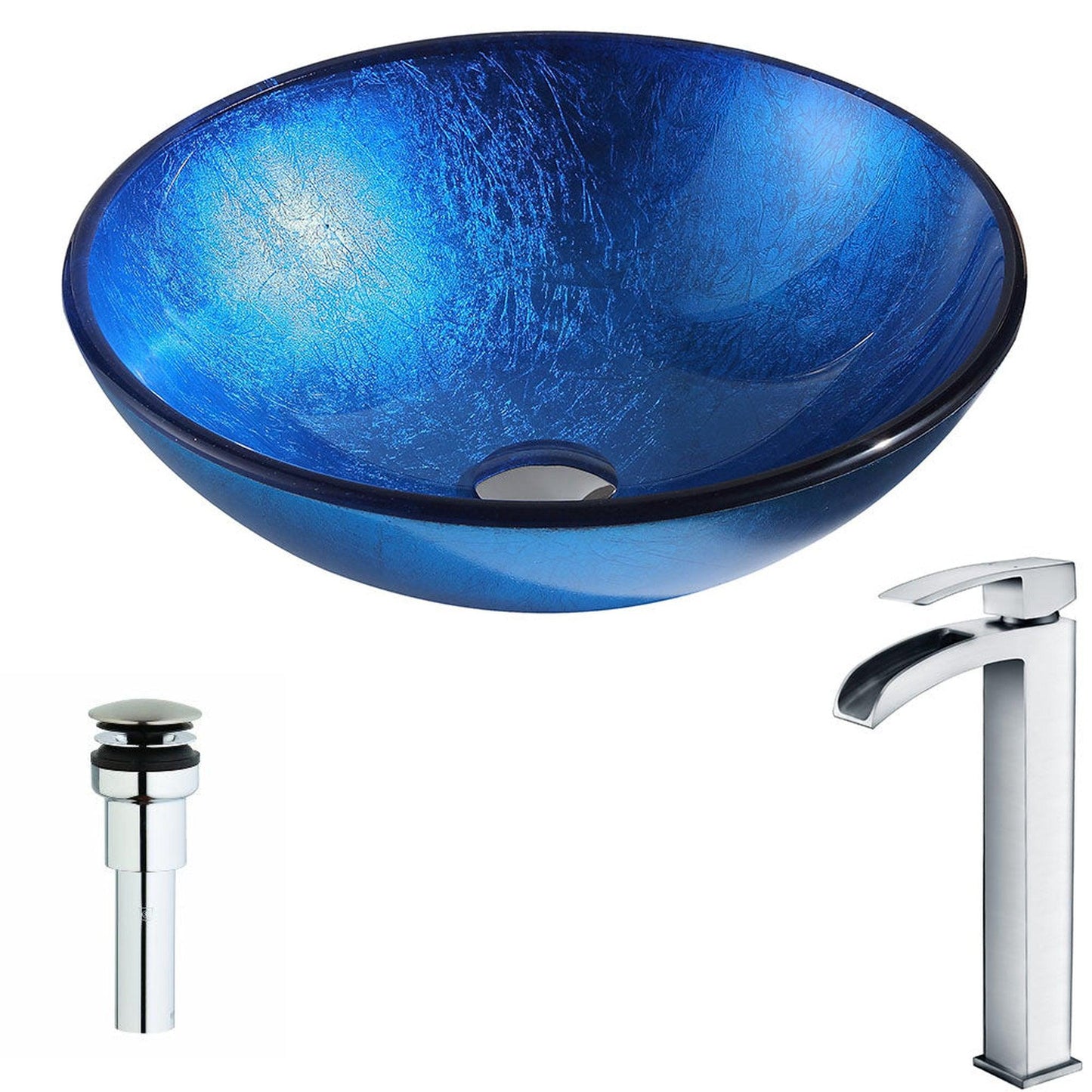 ANZZI Clavier Series 17" x 17" Round Lustrous Blue Deco-Glass Vessel Sink With Polished Chrome Pop-Up Drain and Key Faucet