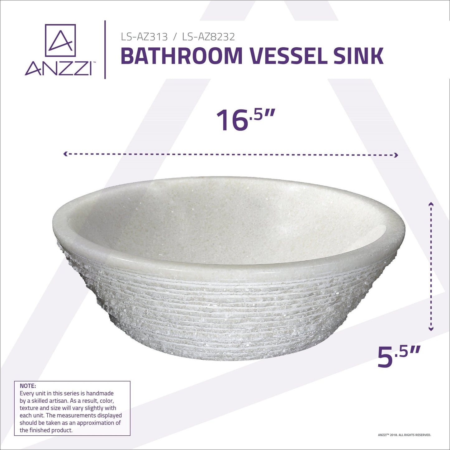 ANZZI Cliffs of Dover Series 17" x 17" Round White Marble Vessel Sink