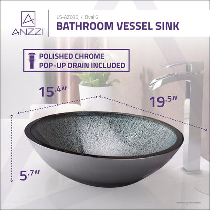 ANZZI Cobalt Series 20" x 15" Oval Shape Blue Deco-Glass Vessel With Polished Chrome Pop-Up Drain