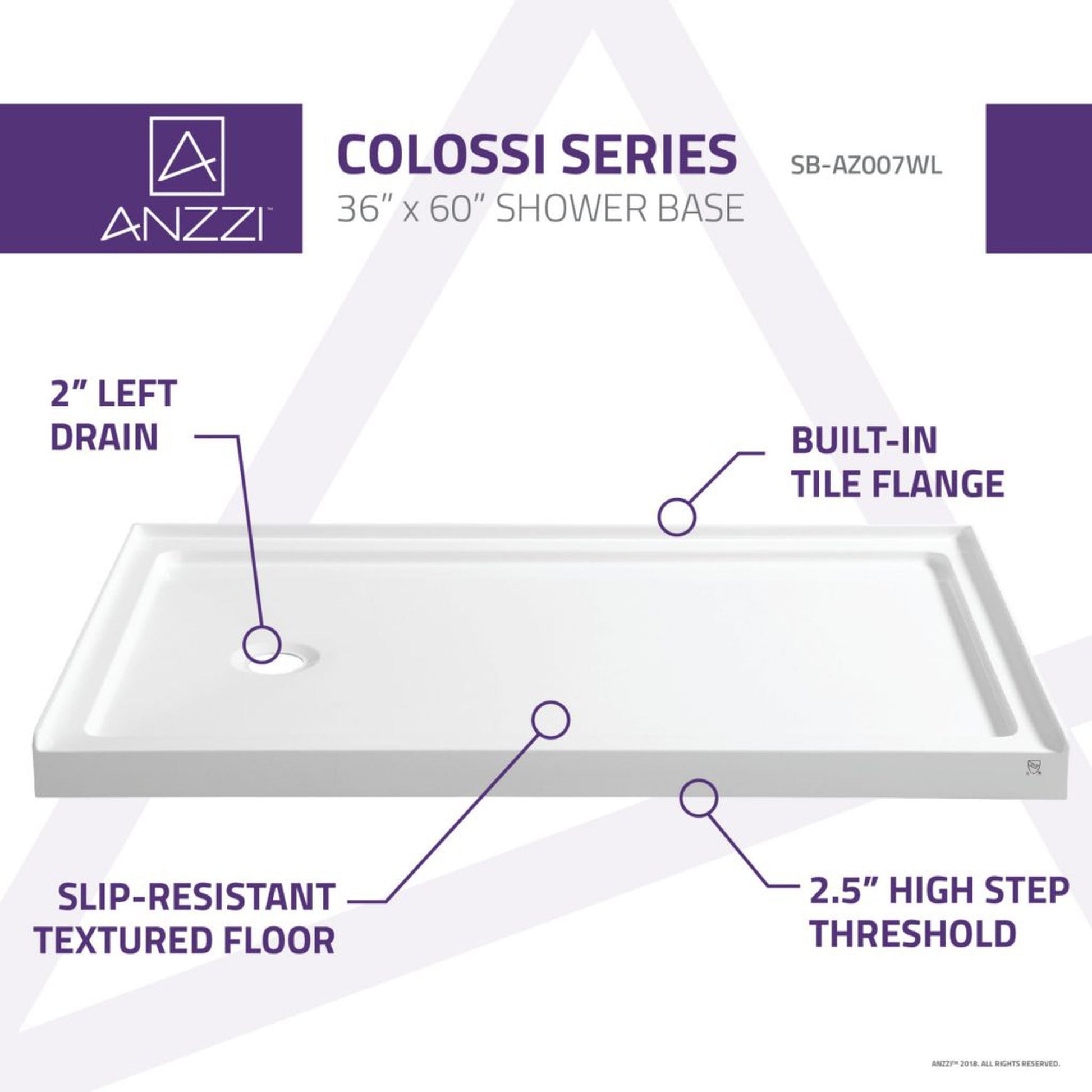 ANZZI Colossi Series 36" x 60" White Left Drain Single Threshold Shower Base With Built-in Tile Flange