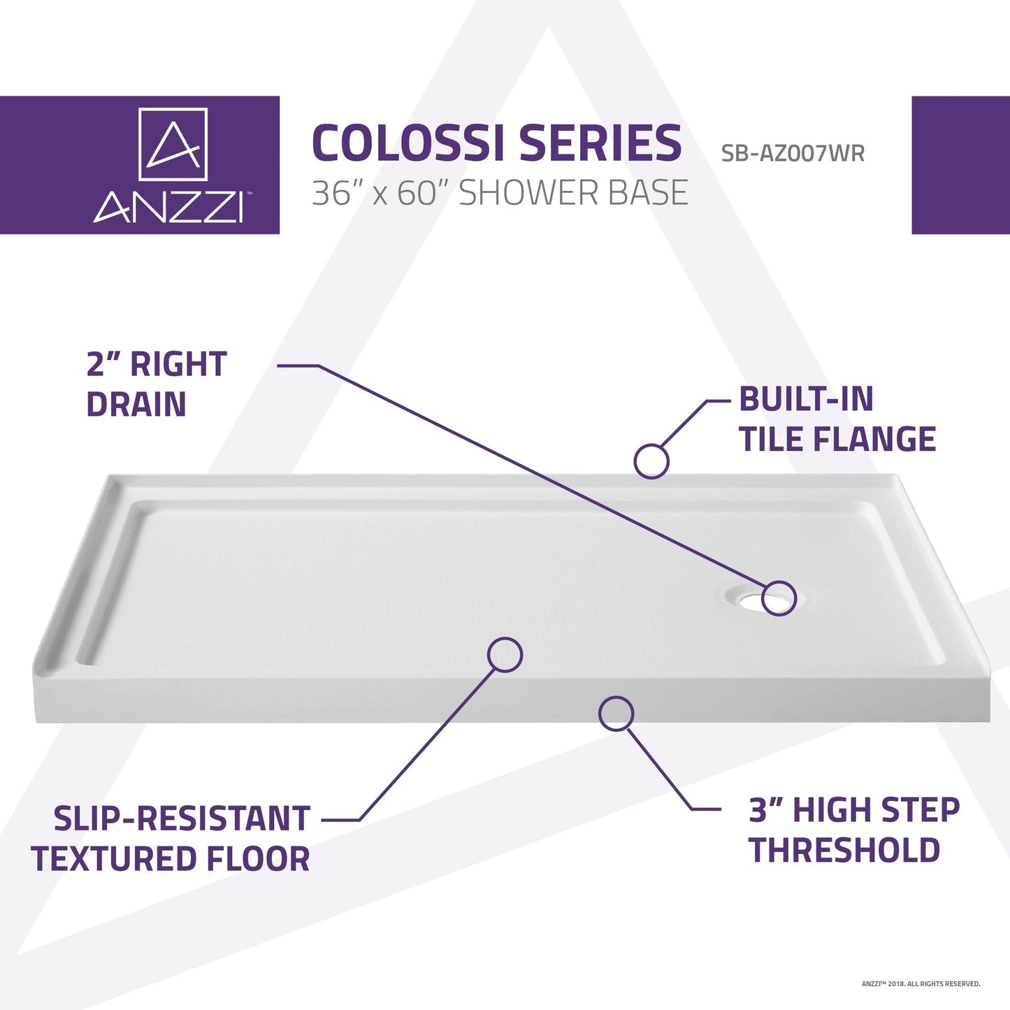 ANZZI Colossi Series 36" x 60" White Right Drain Single Threshold Shower Base With Built-in Tile Flange