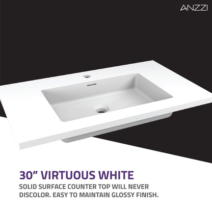 ANZZI Conques 30" x 20" Rich White Solid Wood Bathroom Vanity With Glossy White Countertop With Sink, 30" LED Mirror and Side Cabinet