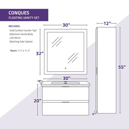 ANZZI Conques 30" x 20" Rich White Solid Wood Bathroom Vanity With Glossy White Countertop With Sink, 30" LED Mirror and Side Cabinet