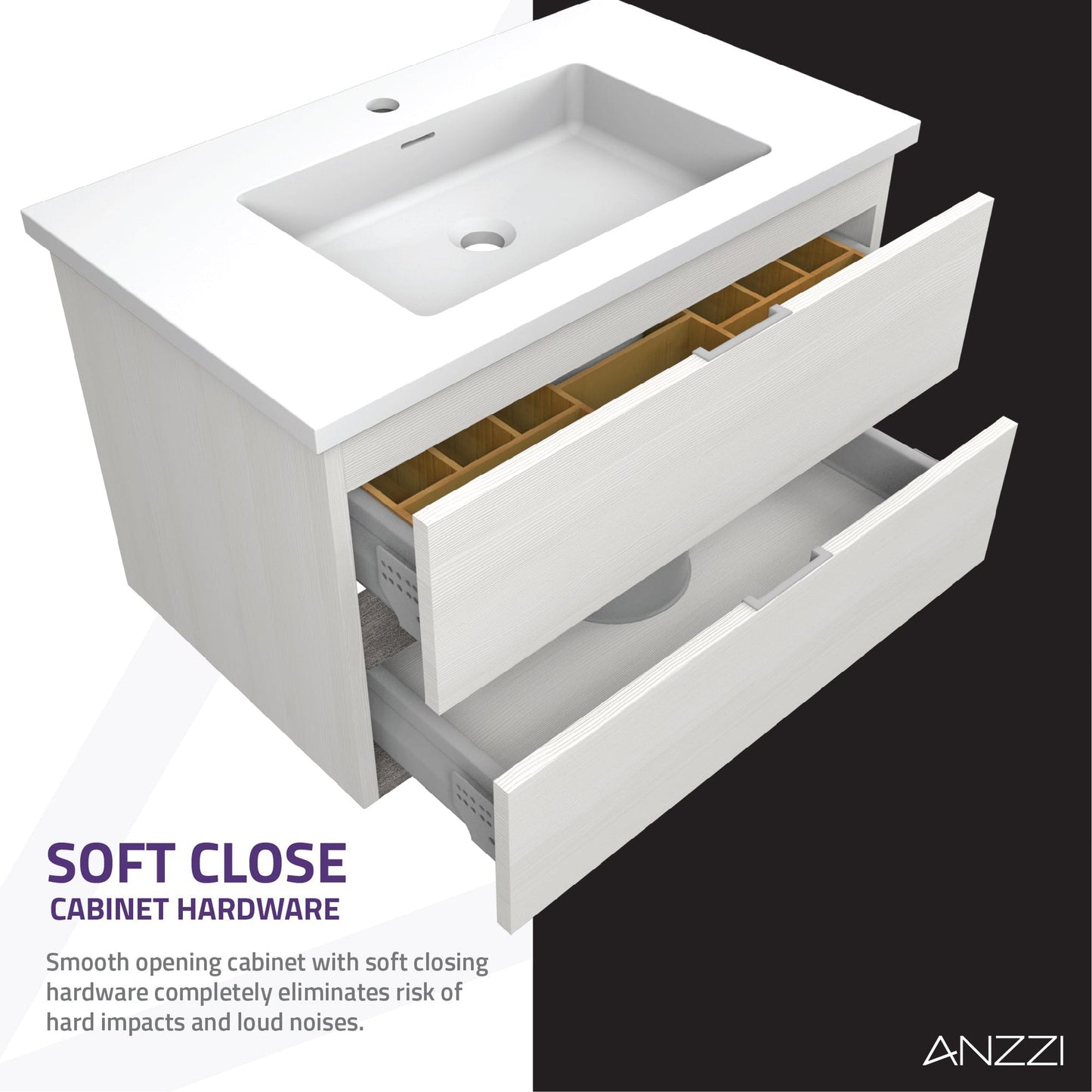 ANZZI Conques 30" x 20" Rich White Solid Wood Bathroom Vanity With Glossy White Countertop With Sink, 30" LED Mirror and Side Cabinet