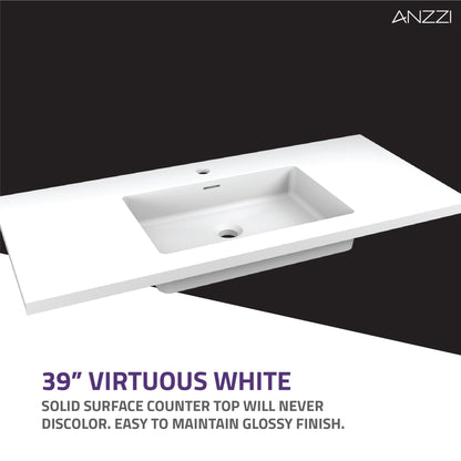 ANZZI Conques 39" x 20" Dark Brown Solid Wood Bathroom Vanity With Glossy White Countertop With Sink, 24" LED Mirror and Side Cabinet