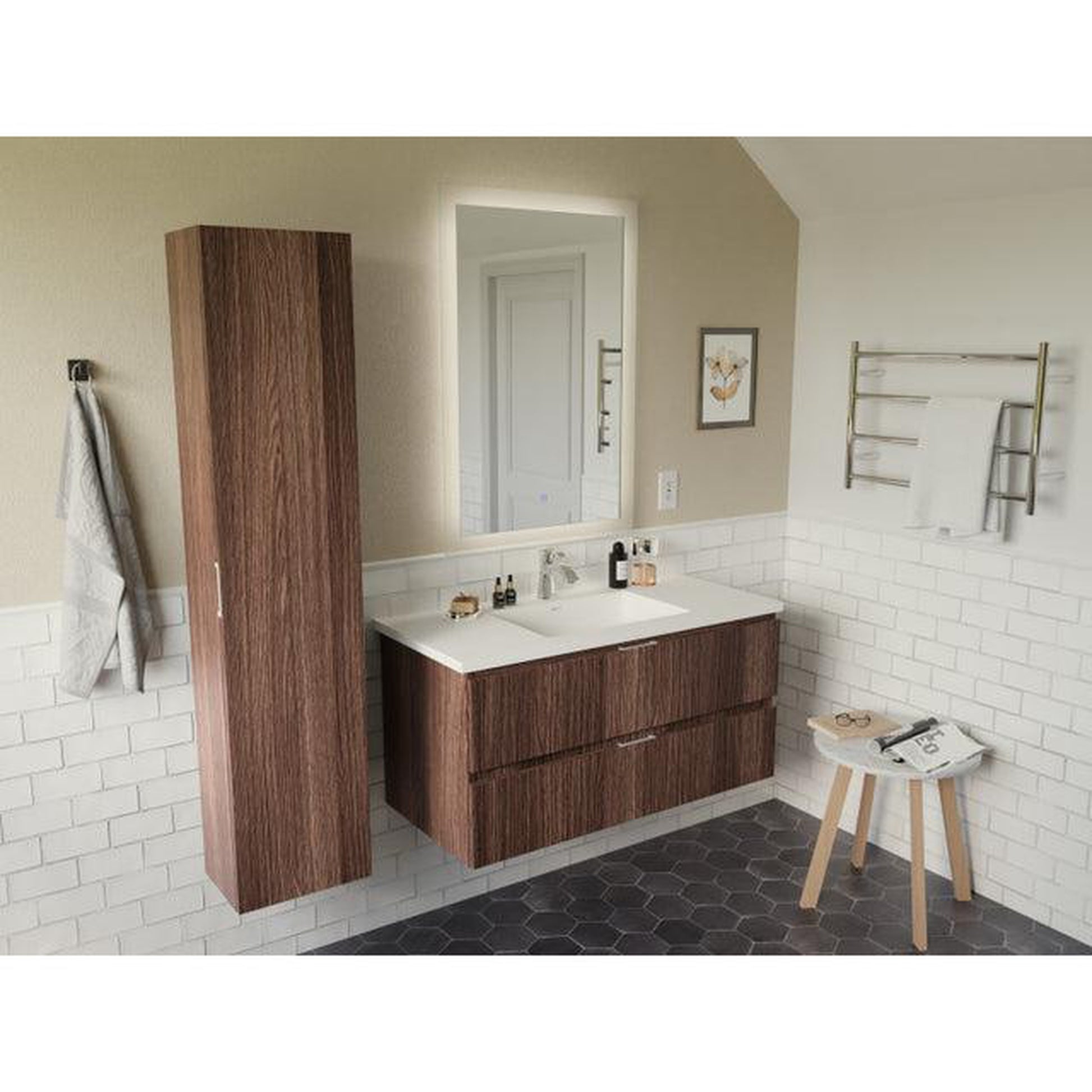 ANZZI Conques 39" x 20" Dark Brown Solid Wood Bathroom Vanity With Glossy White Countertop With Sink, 24" LED Mirror and Side Cabinet