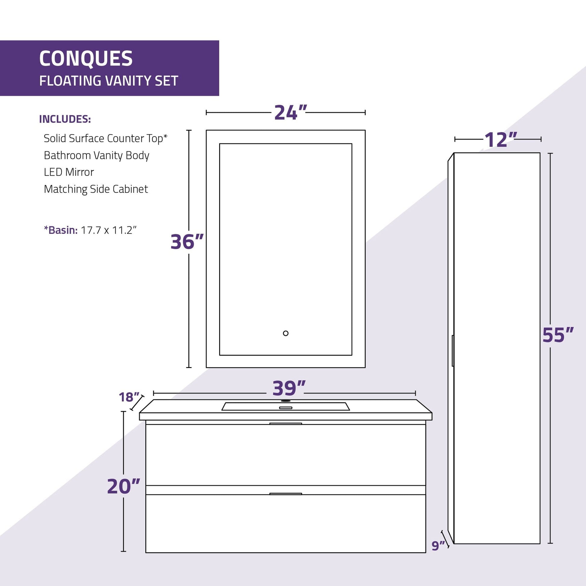 ANZZI Conques 39" x 20" Dark Brown Solid Wood Bathroom Vanity With Glossy White Countertop With Sink, 24" LED Mirror and Side Cabinet