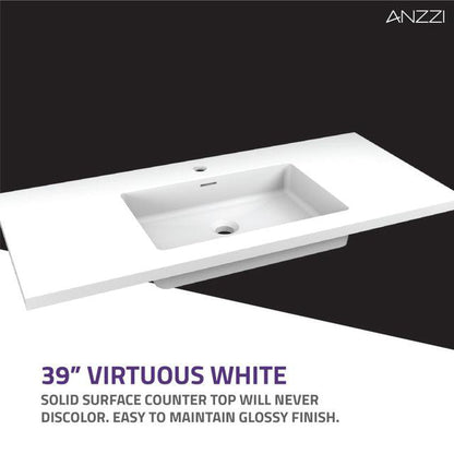 ANZZI Conques 39" x 20" Dark Brown Solid Wood Bathroom Vanity With Glossy White Countertop With Sink, 39" LED Mirror and Side Cabinet