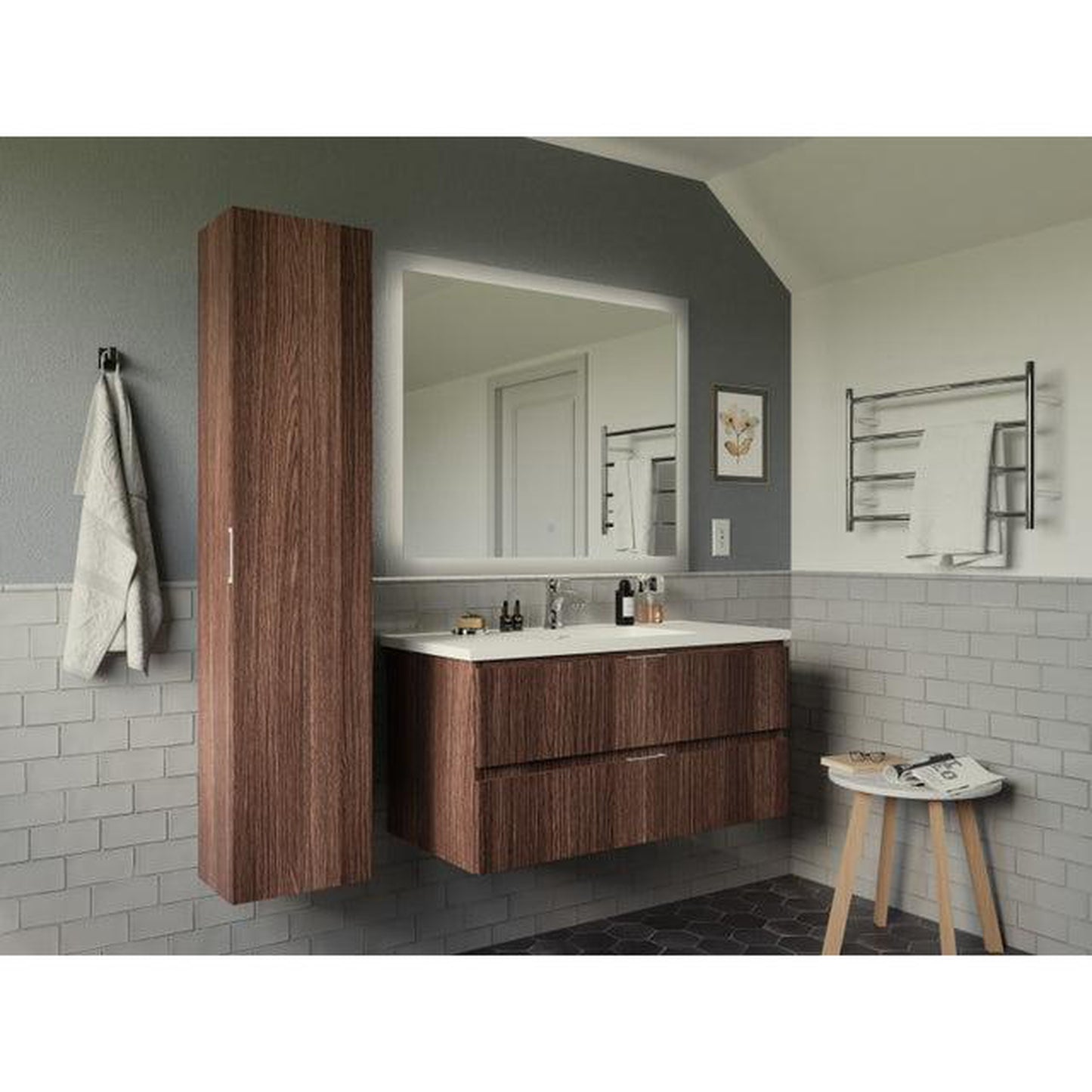 ANZZI Conques 39" x 20" Dark Brown Solid Wood Bathroom Vanity With Glossy White Countertop With Sink, 39" LED Mirror and Side Cabinet
