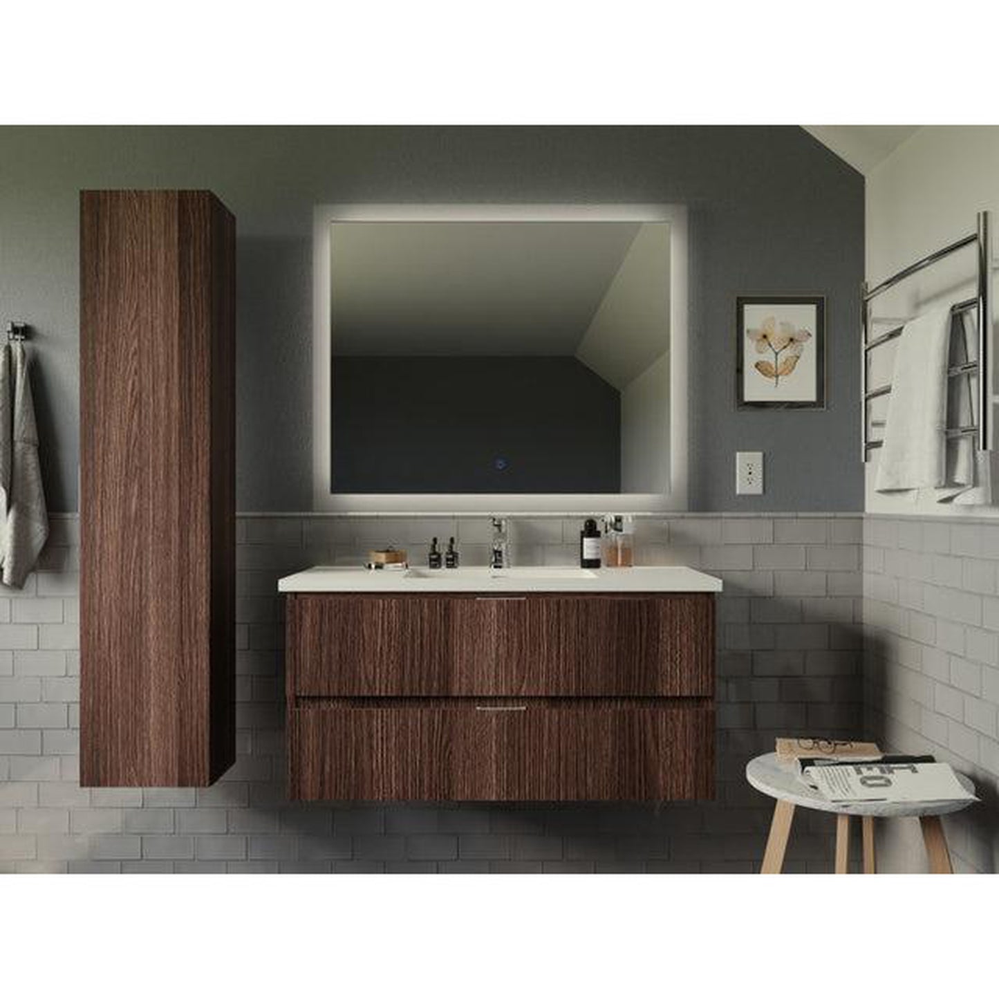 ANZZI Conques 39" x 20" Dark Brown Solid Wood Bathroom Vanity With Glossy White Countertop With Sink, 39" LED Mirror and Side Cabinet