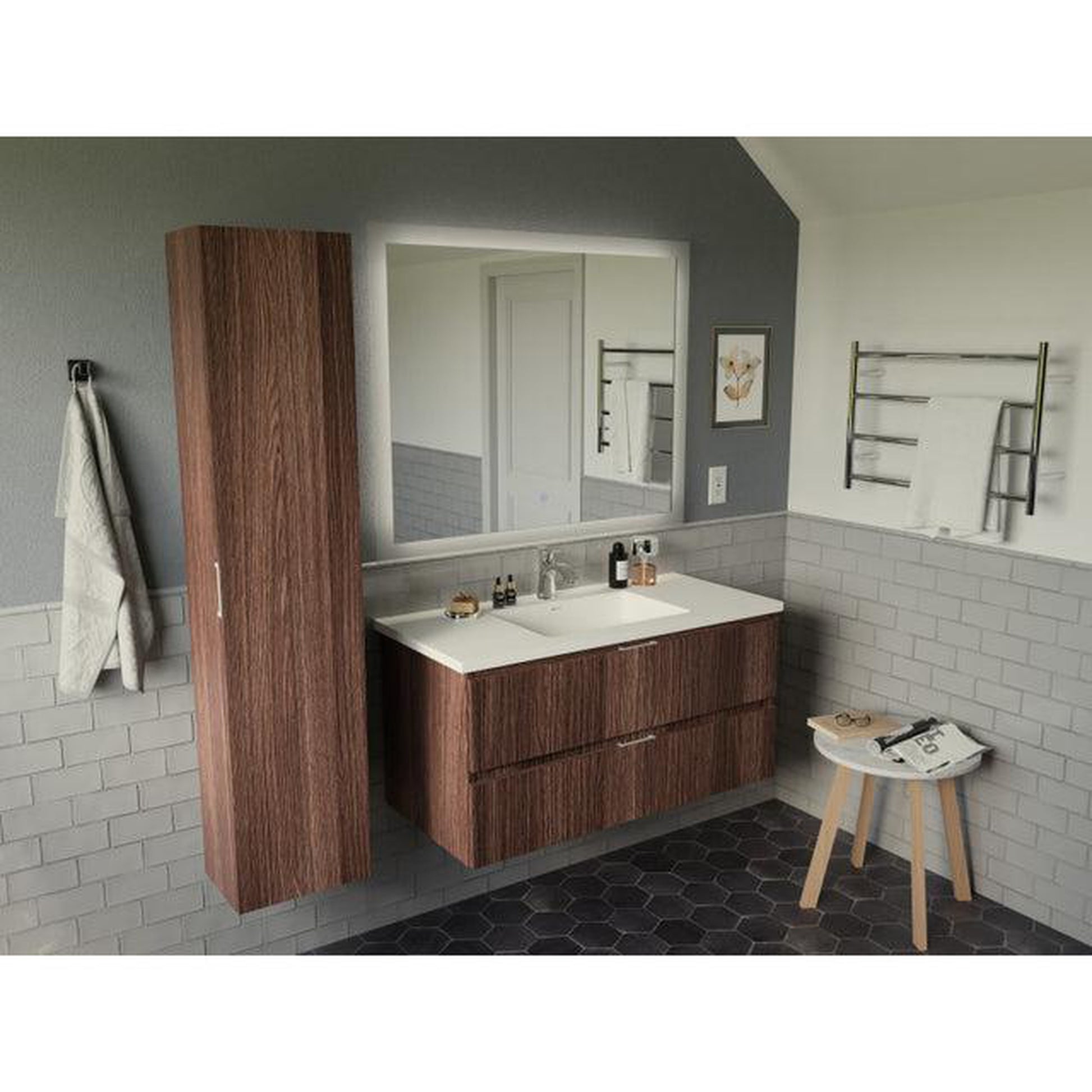ANZZI Conques 39" x 20" Dark Brown Solid Wood Bathroom Vanity With Glossy White Countertop With Sink, 39" LED Mirror and Side Cabinet