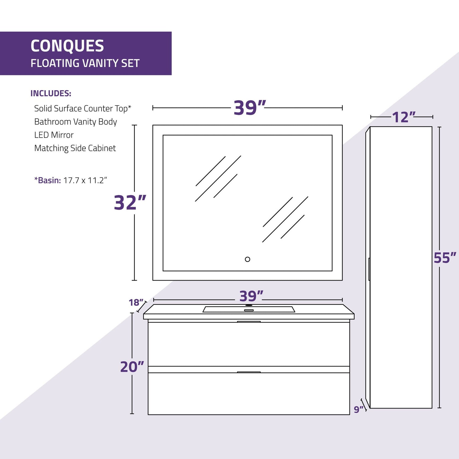 ANZZI Conques 39" x 20" Dark Brown Solid Wood Bathroom Vanity With Glossy White Countertop With Sink, 39" LED Mirror and Side Cabinet