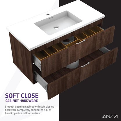 ANZZI Conques 39" x 20" Dark Brown Solid Wood Bathroom Vanity With Glossy White Countertop With Sink, 39" LED Mirror and Side Cabinet