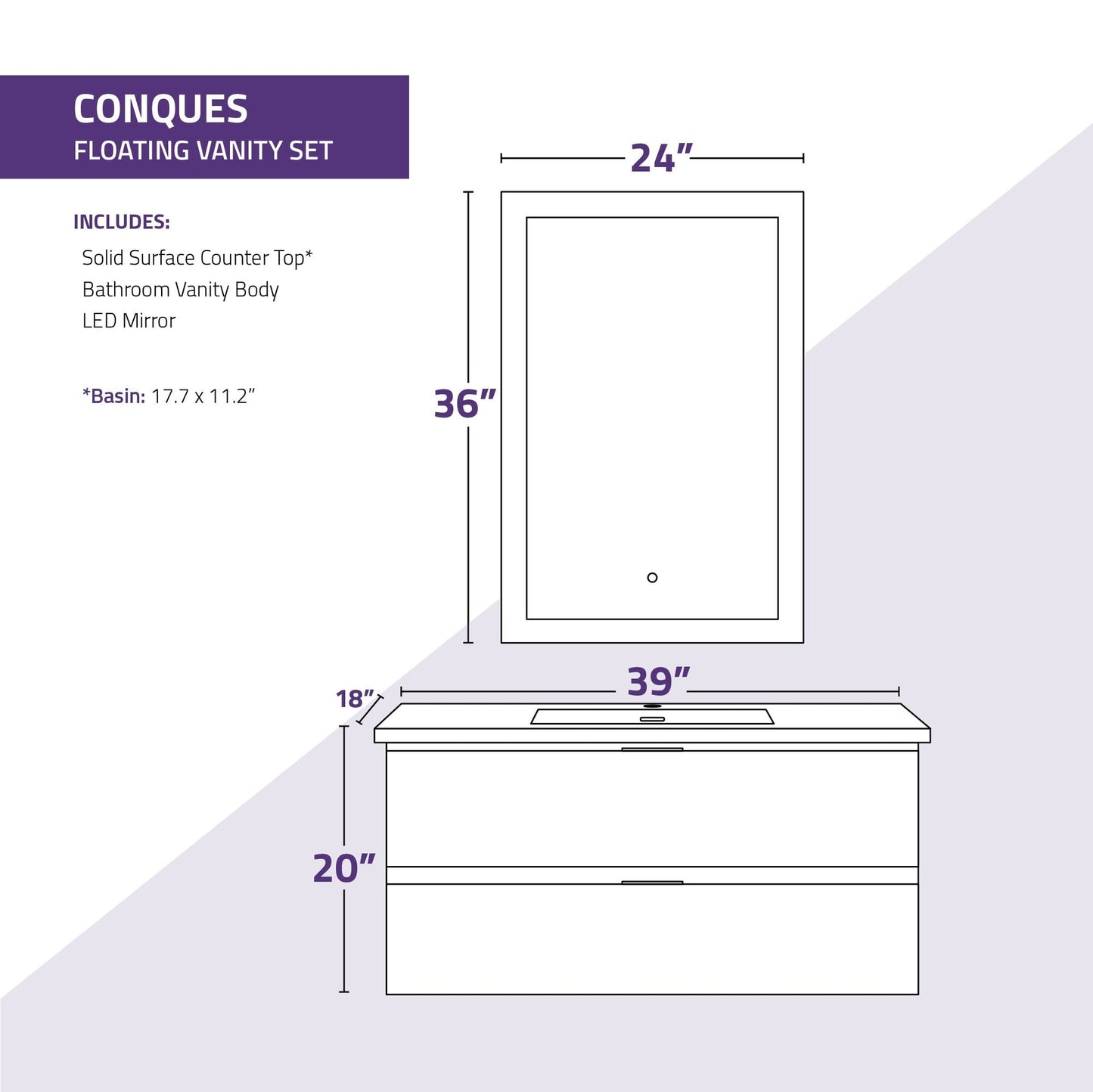 ANZZI Conques 39" x 20" Dark Brown Solid Wood Bathroom Vanity With Glossy White Countertop With Sink and 24" LED Mirror