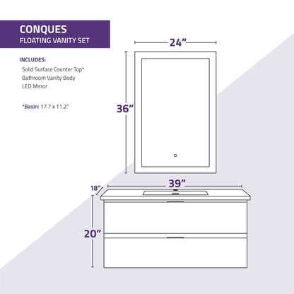 ANZZI Conques 39" x 20" Dark Brown Solid Wood Bathroom Vanity With Glossy White Countertop With Sink and 24" LED Mirror