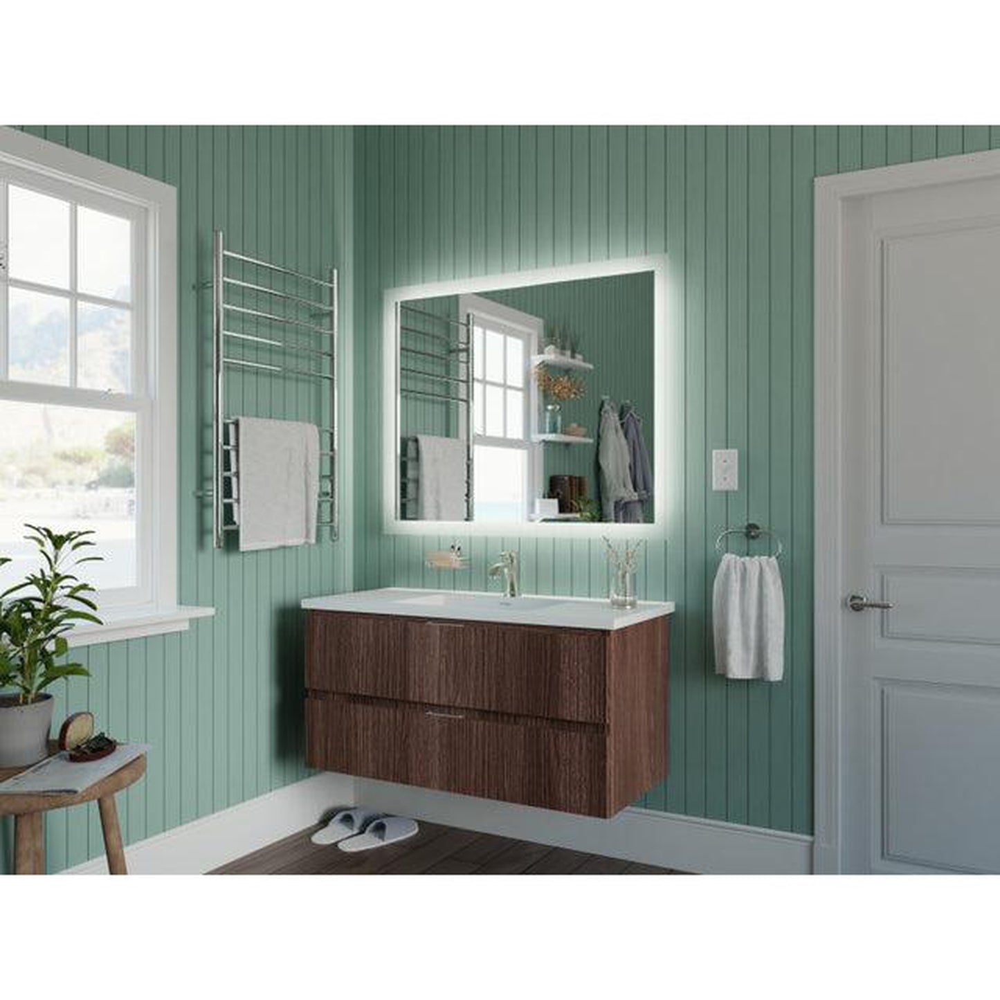 ANZZI Conques 39" x 20" Dark Brown Solid Wood Bathroom Vanity With Glossy White Countertop With Sink and 39" LED Mirror