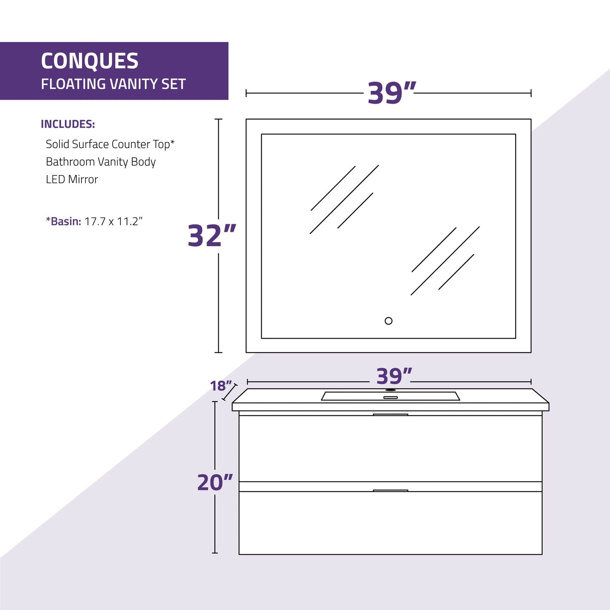 ANZZI Conques 39" x 20" Dark Brown Solid Wood Bathroom Vanity With Glossy White Countertop With Sink and 39" LED Mirror