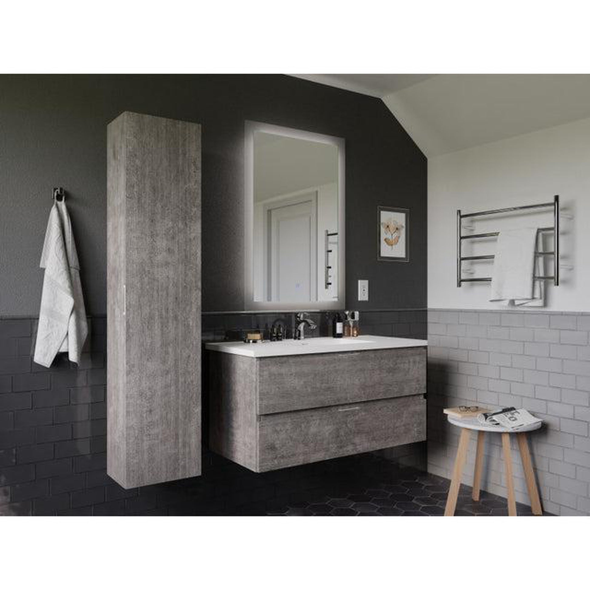 ANZZI Conques 39" x 20" Rich Gray Solid Wood Bathroom Vanity With Glossy White Countertop With Sink, 24" LED Mirror and Side Cabinet