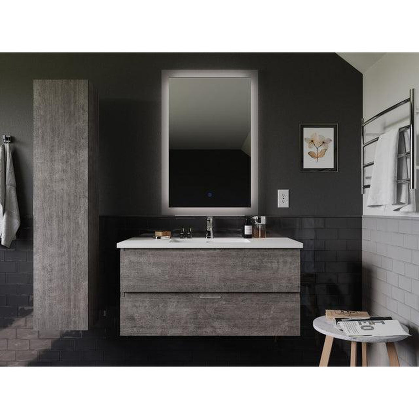 ANZZI Conques 39" x 20" Rich Gray Solid Wood Bathroom Vanity With Glossy White Countertop With Sink, 24" LED Mirror and Side Cabinet