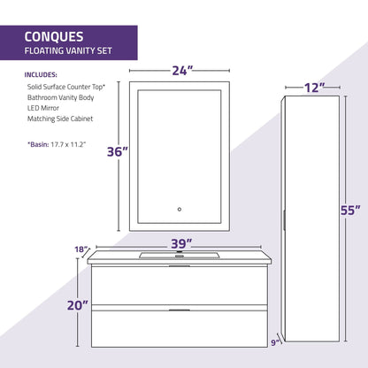 ANZZI Conques 39" x 20" Rich Gray Solid Wood Bathroom Vanity With Glossy White Countertop With Sink, 24" LED Mirror and Side Cabinet