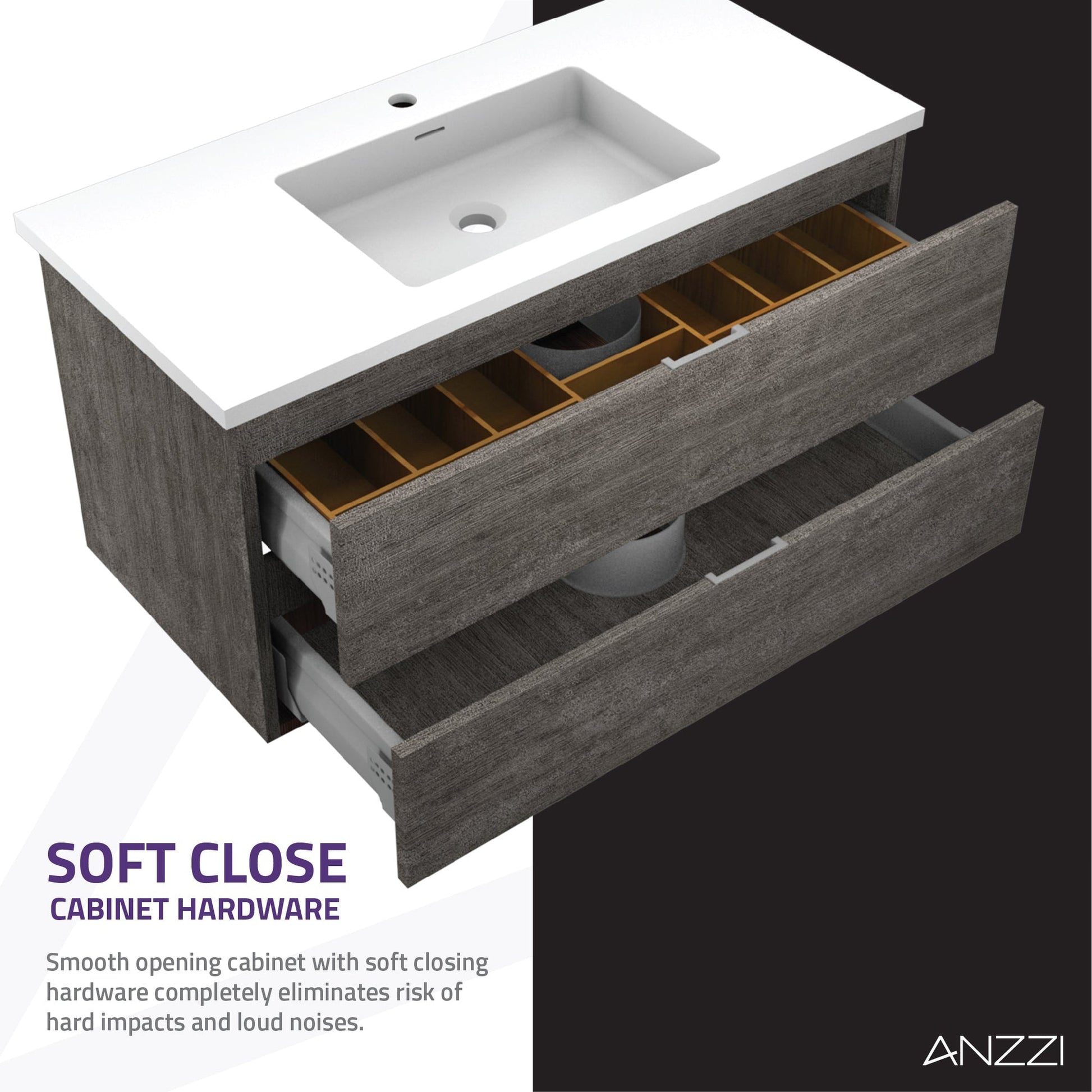 ANZZI Conques 39" x 20" Rich Gray Solid Wood Bathroom Vanity With Glossy White Countertop With Sink, 24" LED Mirror and Side Cabinet