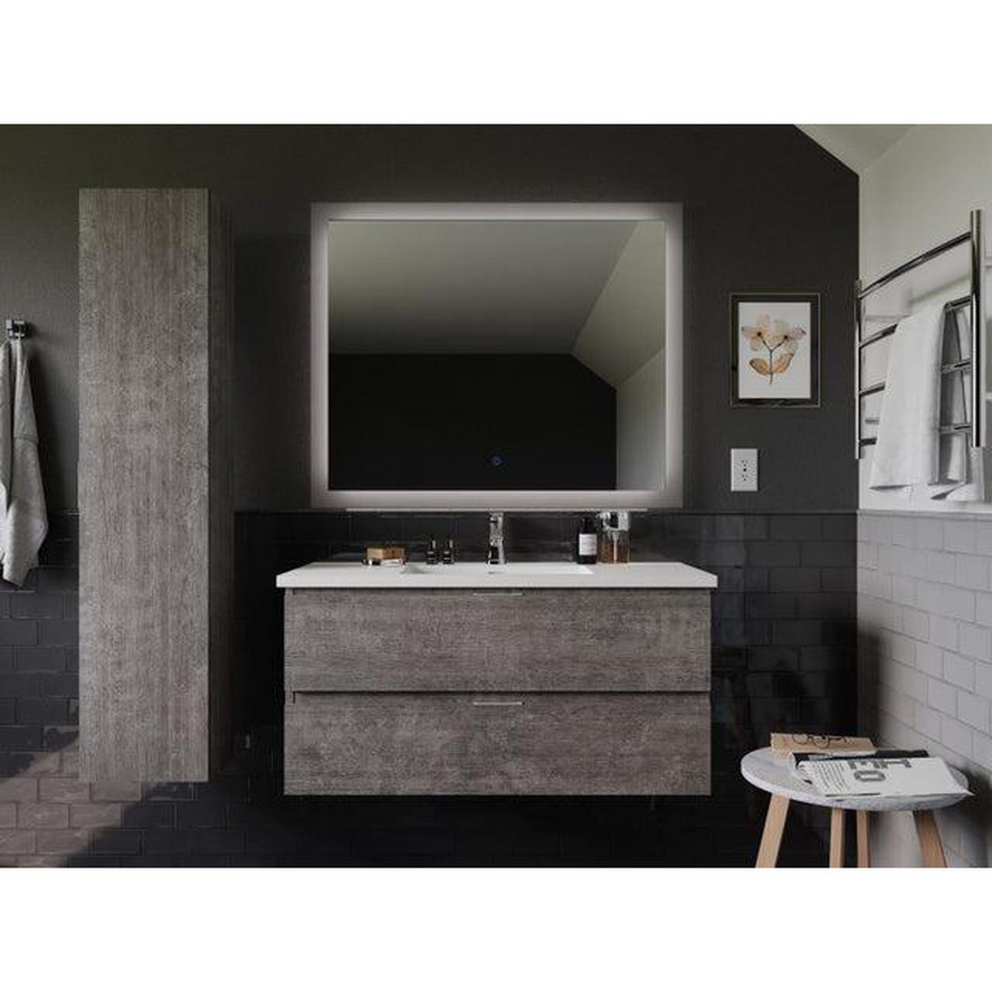 ANZZI Conques 39" x 20" Rich Gray Solid Wood Bathroom Vanity With Glossy White Countertop With Sink, 39" LED Mirror and Side Cabinet