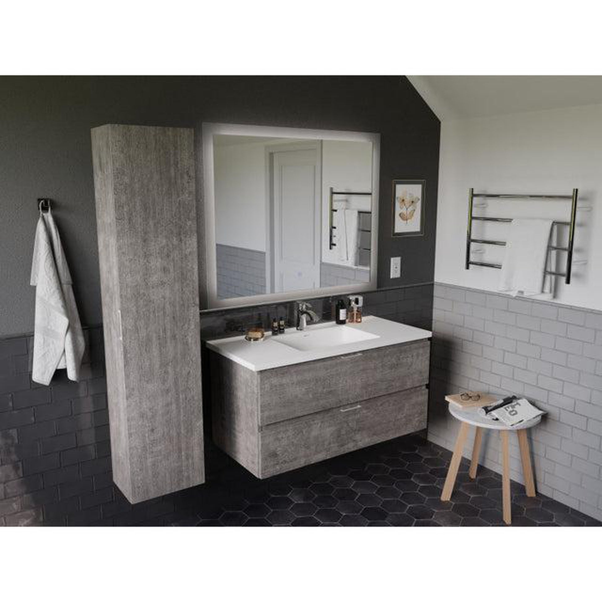 ANZZI Conques 39" x 20" Rich Gray Solid Wood Bathroom Vanity With Glossy White Countertop With Sink, 39" LED Mirror and Side Cabinet