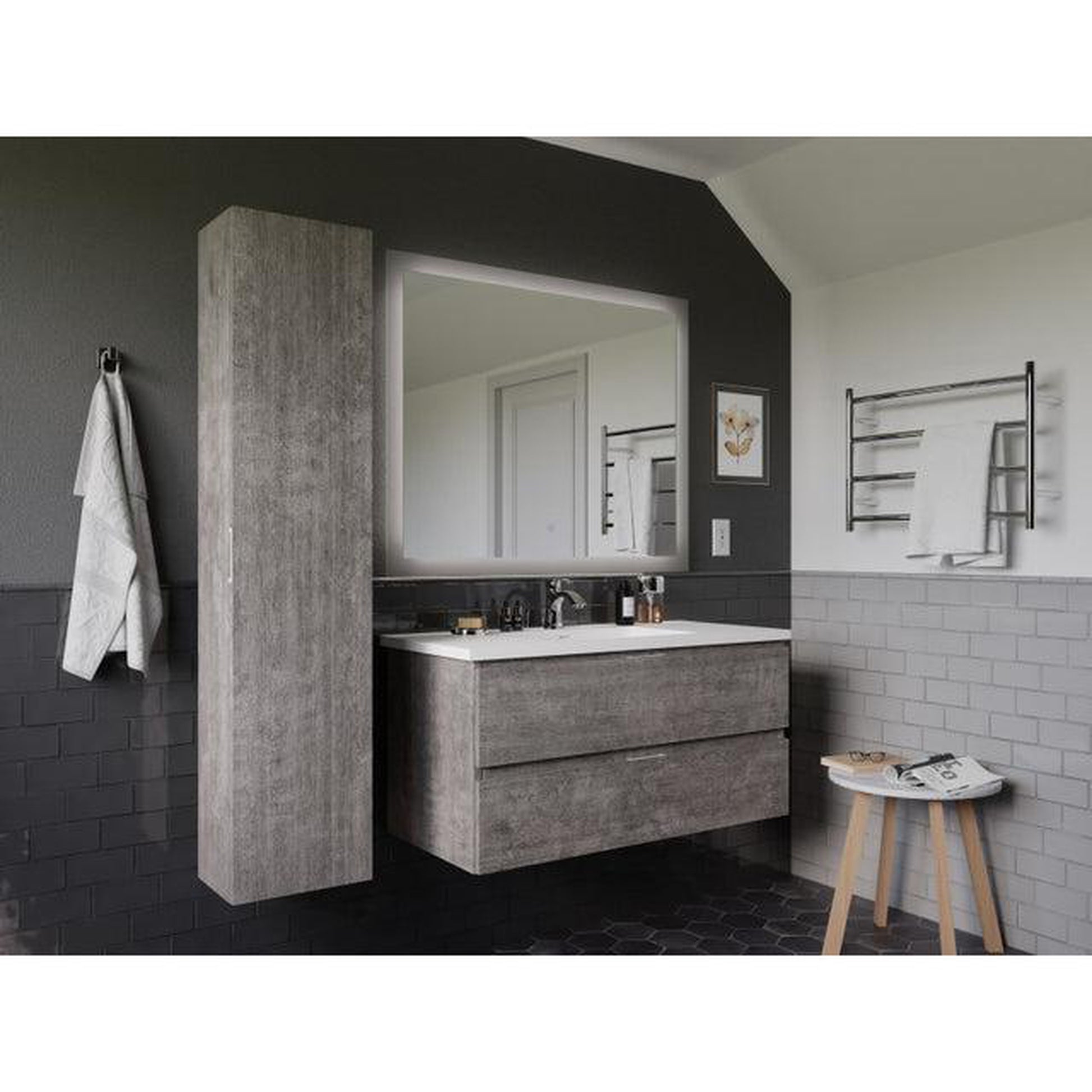 ANZZI Conques 39" x 20" Rich Gray Solid Wood Bathroom Vanity With Glossy White Countertop With Sink, 39" LED Mirror and Side Cabinet