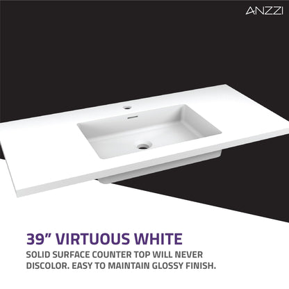 ANZZI Conques 39" x 20" Rich Gray Solid Wood Bathroom Vanity With Glossy White Countertop With Sink and 24" LED Mirror