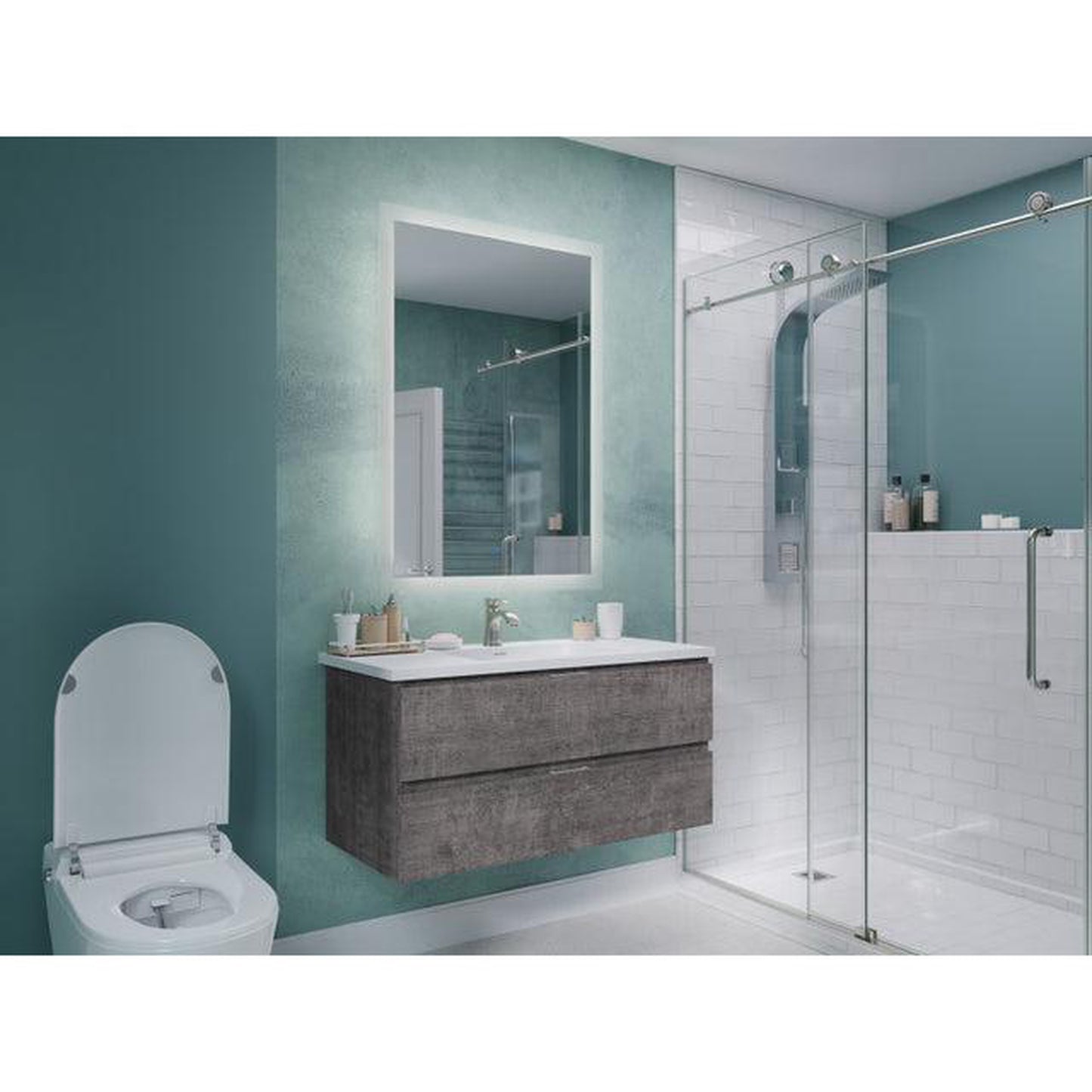 ANZZI Conques 39" x 20" Rich Gray Solid Wood Bathroom Vanity With Glossy White Countertop With Sink and 24" LED Mirror