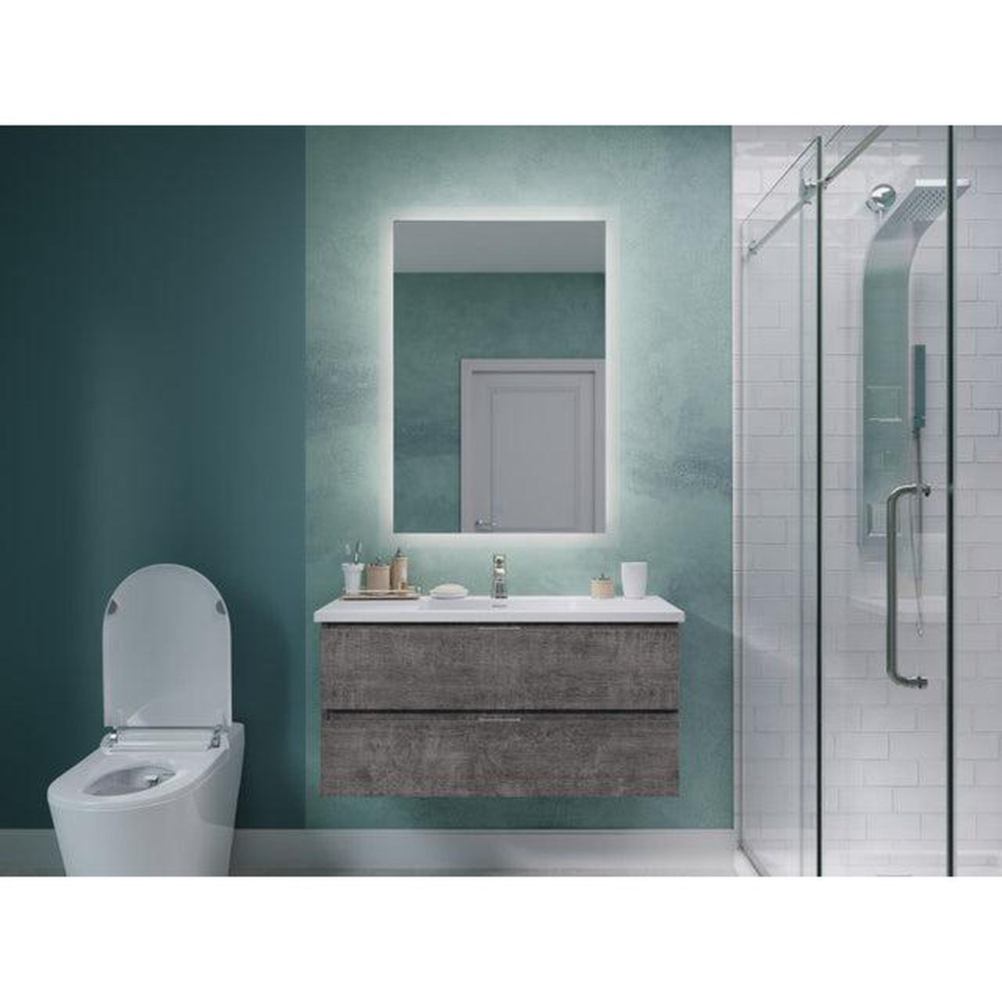 ANZZI Conques 39" x 20" Rich Gray Solid Wood Bathroom Vanity With Glossy White Countertop With Sink and 24" LED Mirror