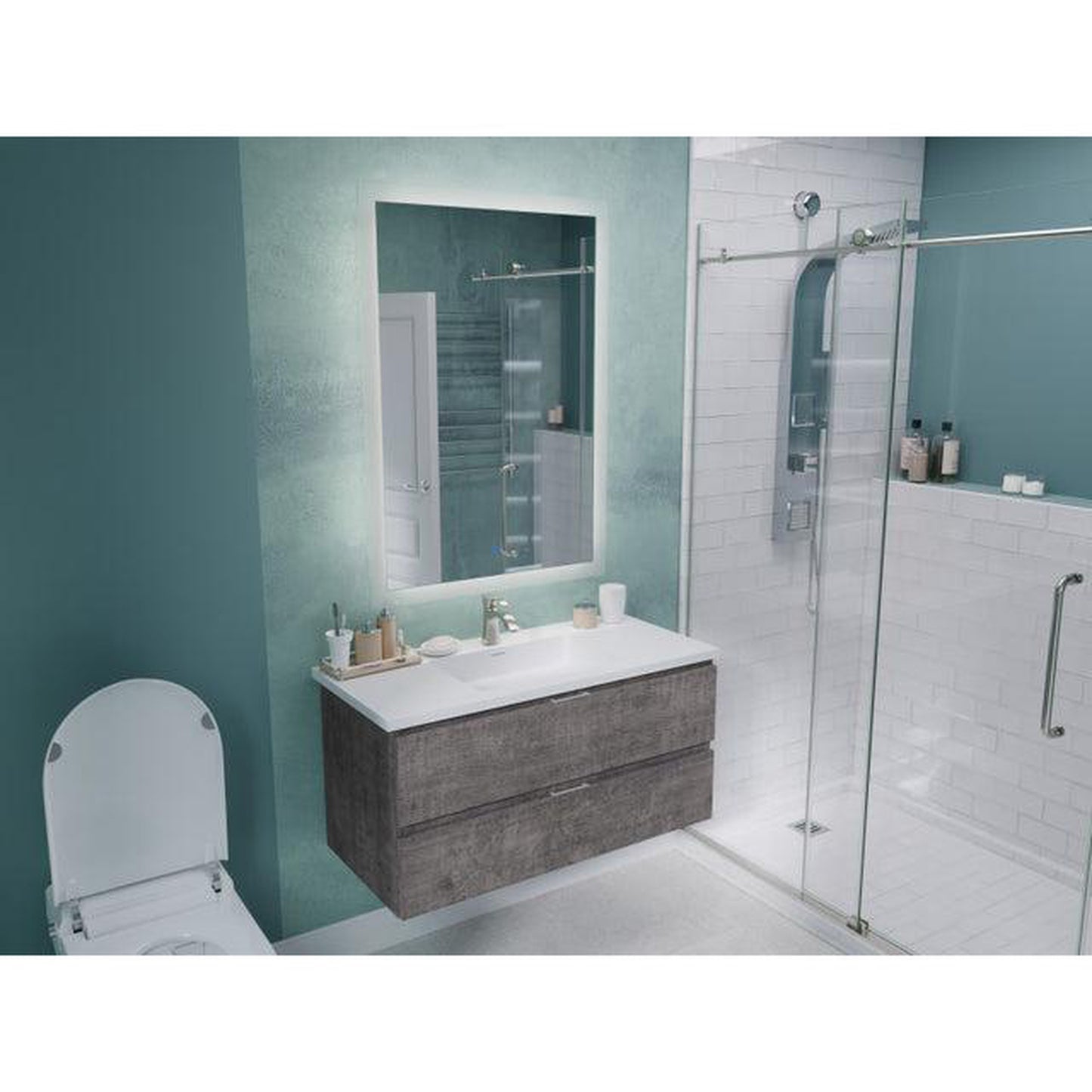 ANZZI Conques 39" x 20" Rich Gray Solid Wood Bathroom Vanity With Glossy White Countertop With Sink and 24" LED Mirror