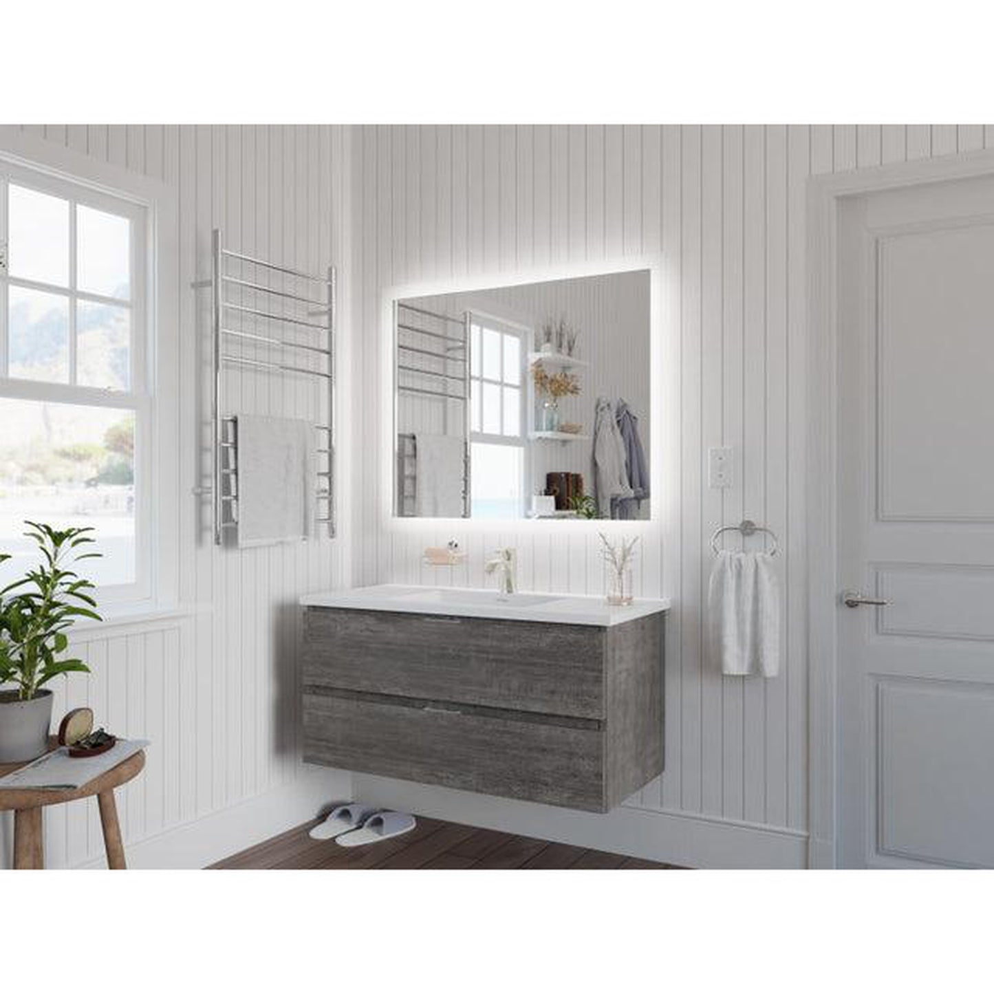 ANZZI Conques 39" x 20" Rich Gray Solid Wood Bathroom Vanity With Glossy White Countertop With Sink and 39" LED Mirror