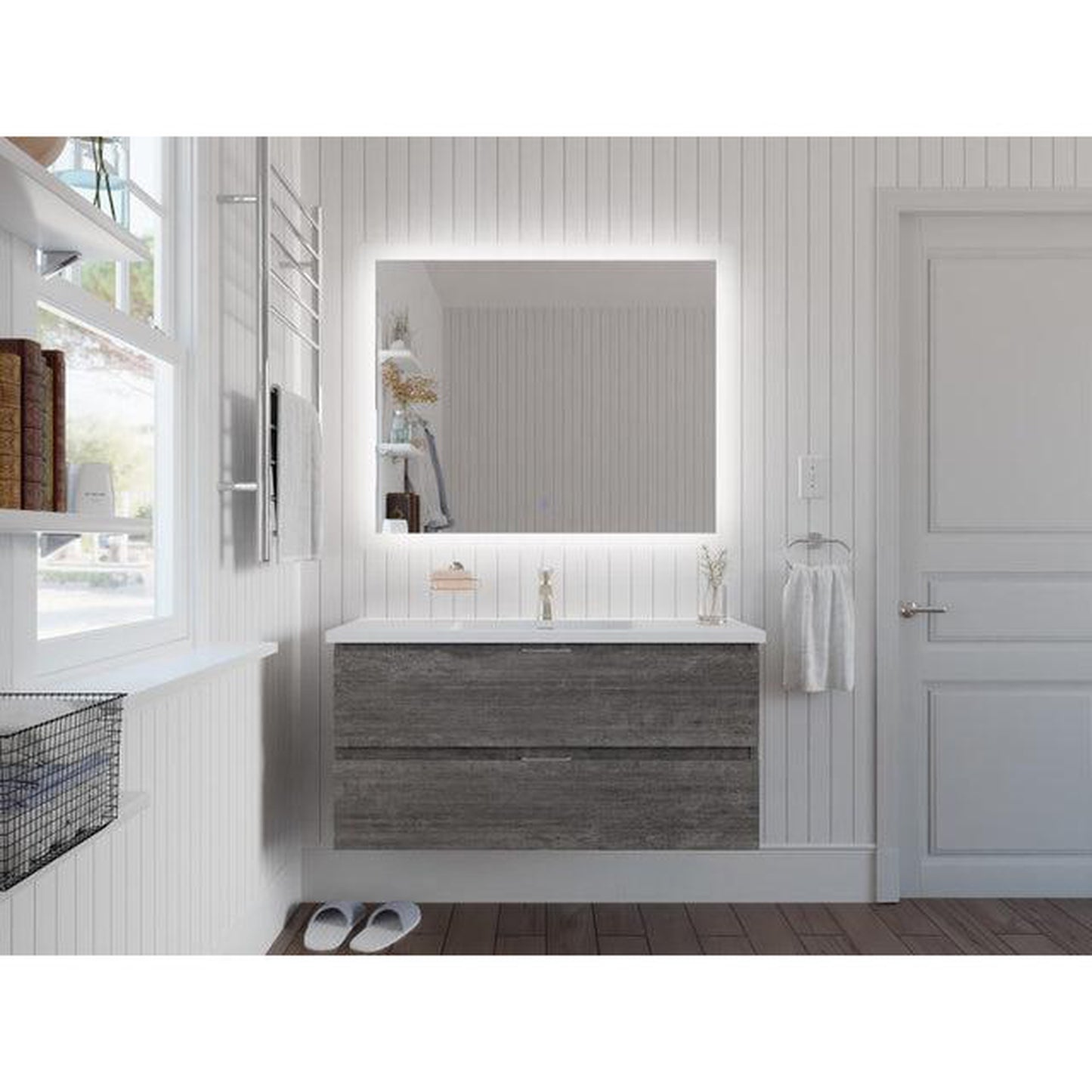 ANZZI Conques 39" x 20" Rich Gray Solid Wood Bathroom Vanity With Glossy White Countertop With Sink and 39" LED Mirror