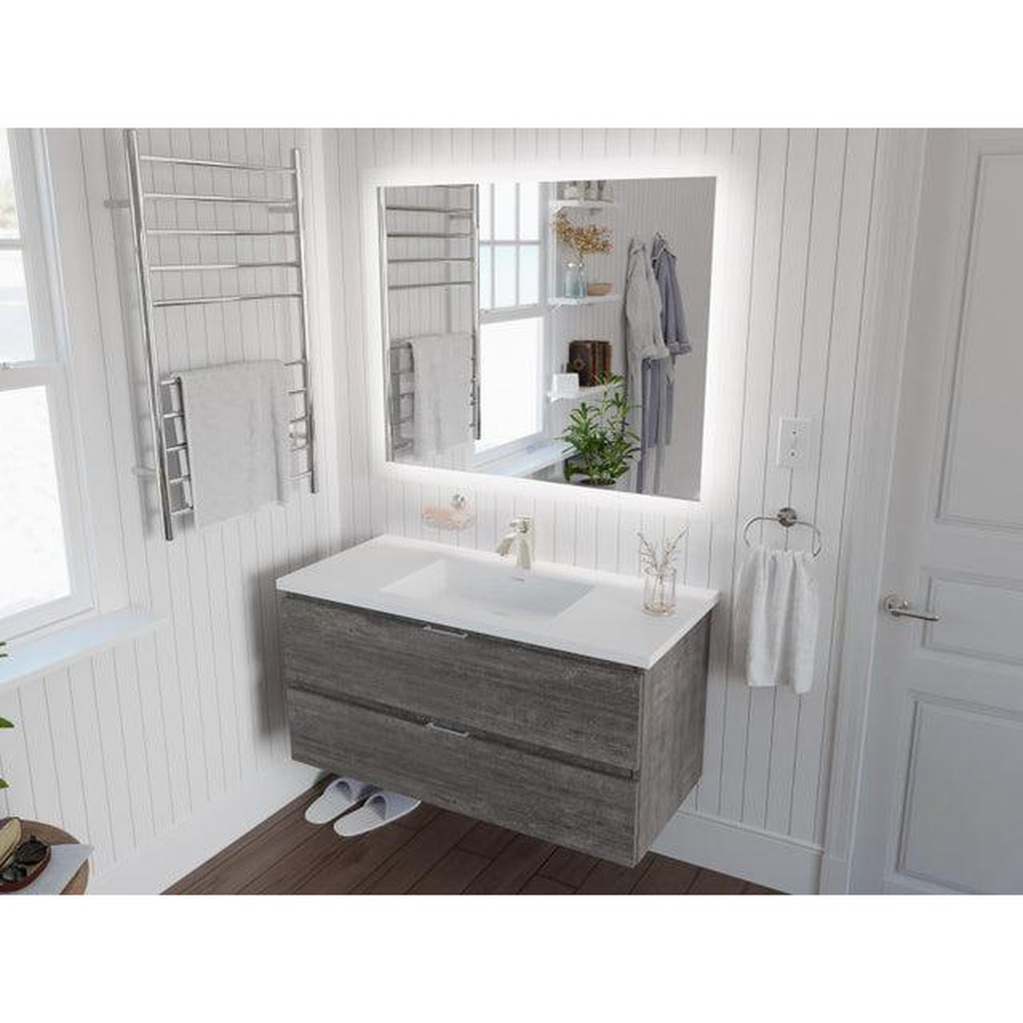 ANZZI Conques 39" x 20" Rich Gray Solid Wood Bathroom Vanity With Glossy White Countertop With Sink and 39" LED Mirror
