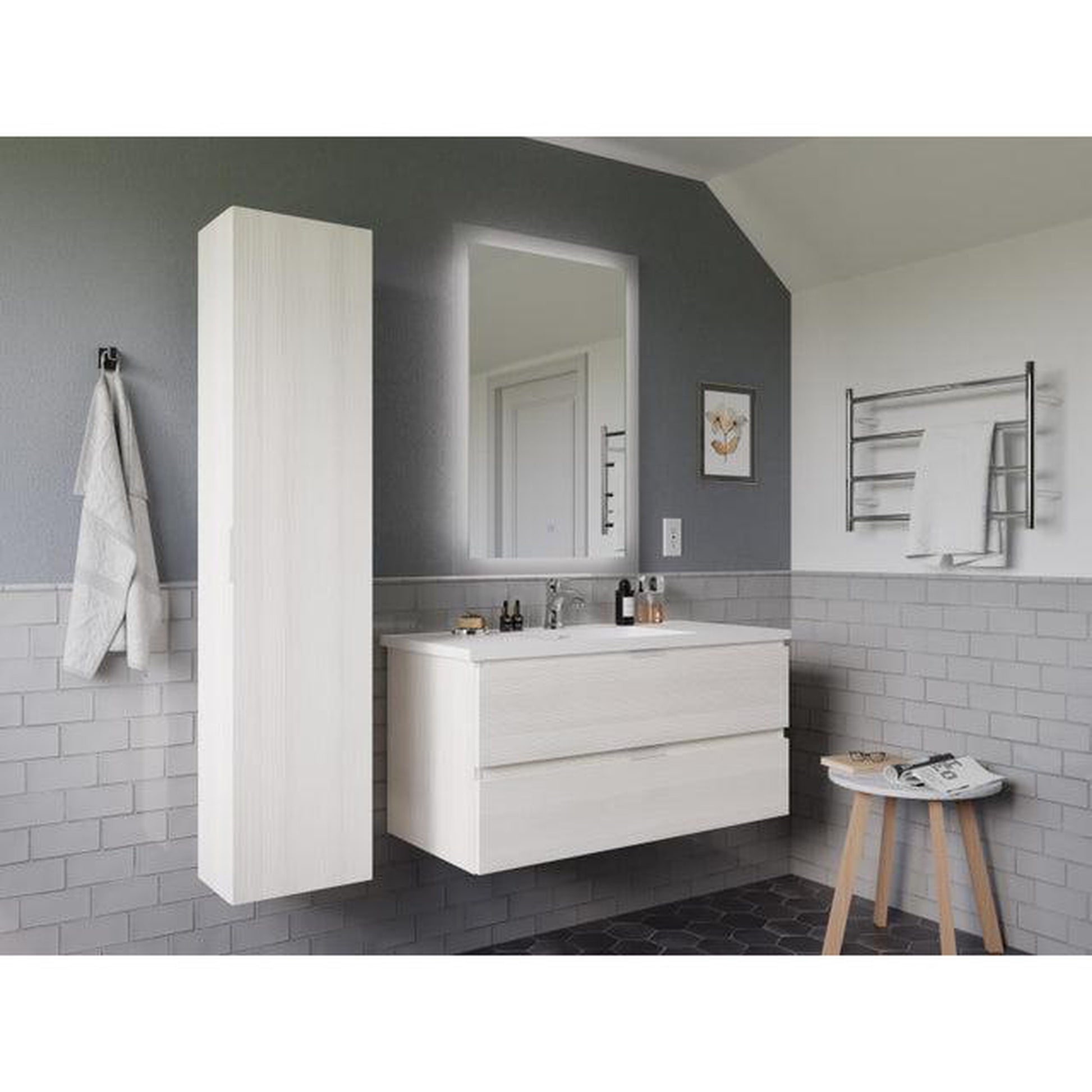 ANZZI Conques 39" x 20" Rich White Solid Wood Bathroom Vanity With Glossy White Countertop With Sink, 24" LED Mirror and Side Cabinet