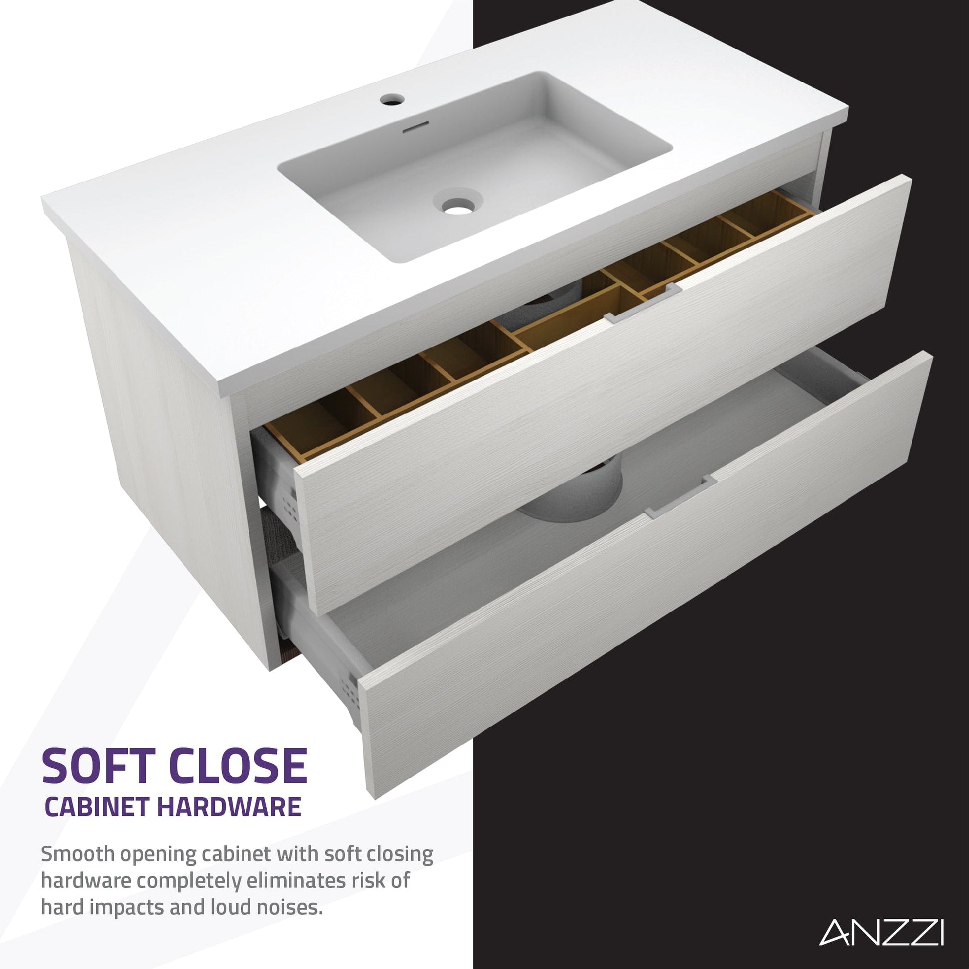 ANZZI Conques 39" x 20" Rich White Solid Wood Bathroom Vanity With Glossy White Countertop With Sink, 24" LED Mirror and Side Cabinet