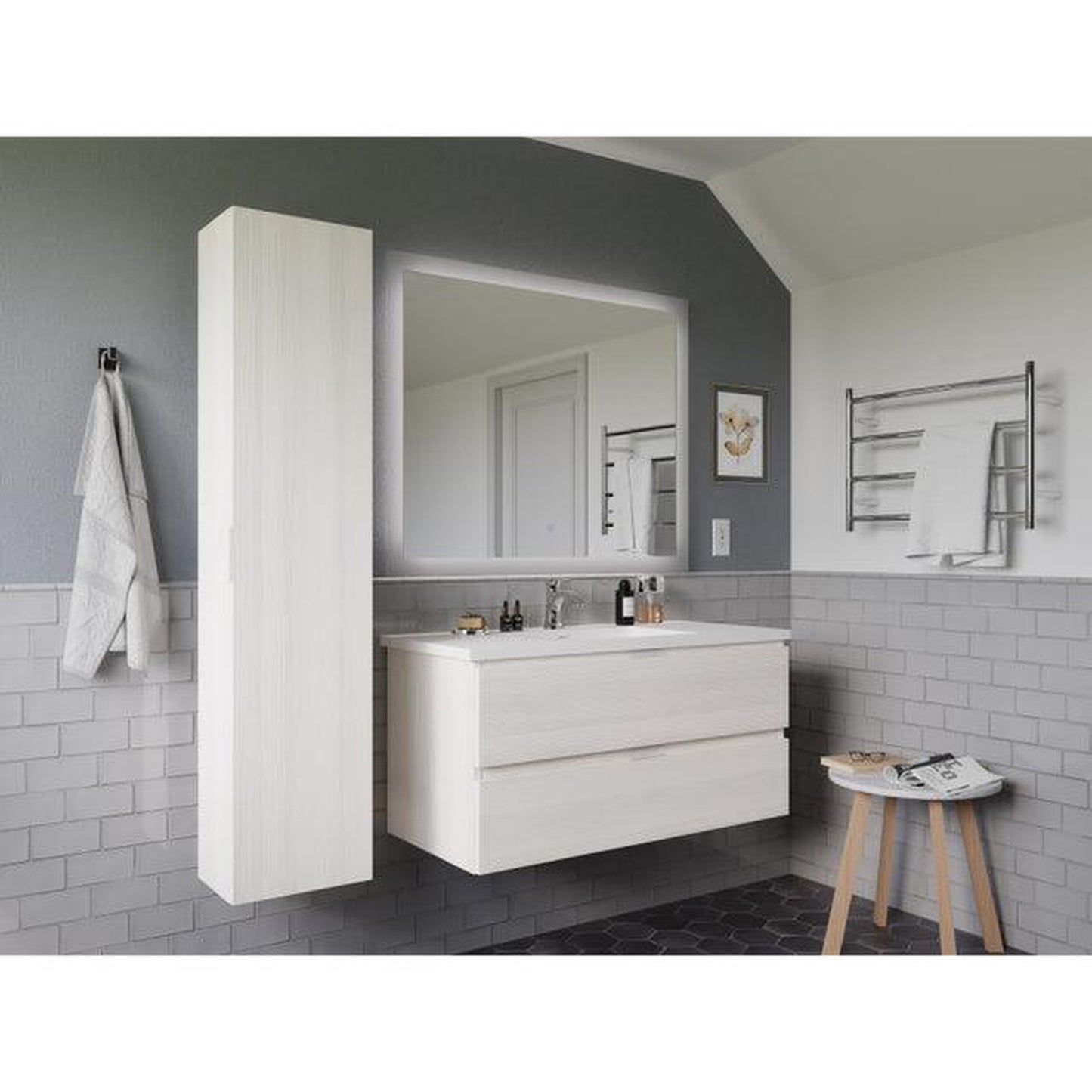 ANZZI Conques 39" x 20" Rich White Solid Wood Bathroom Vanity With Glossy White Countertop With Sink, 39" LED Mirror and Side Cabinet