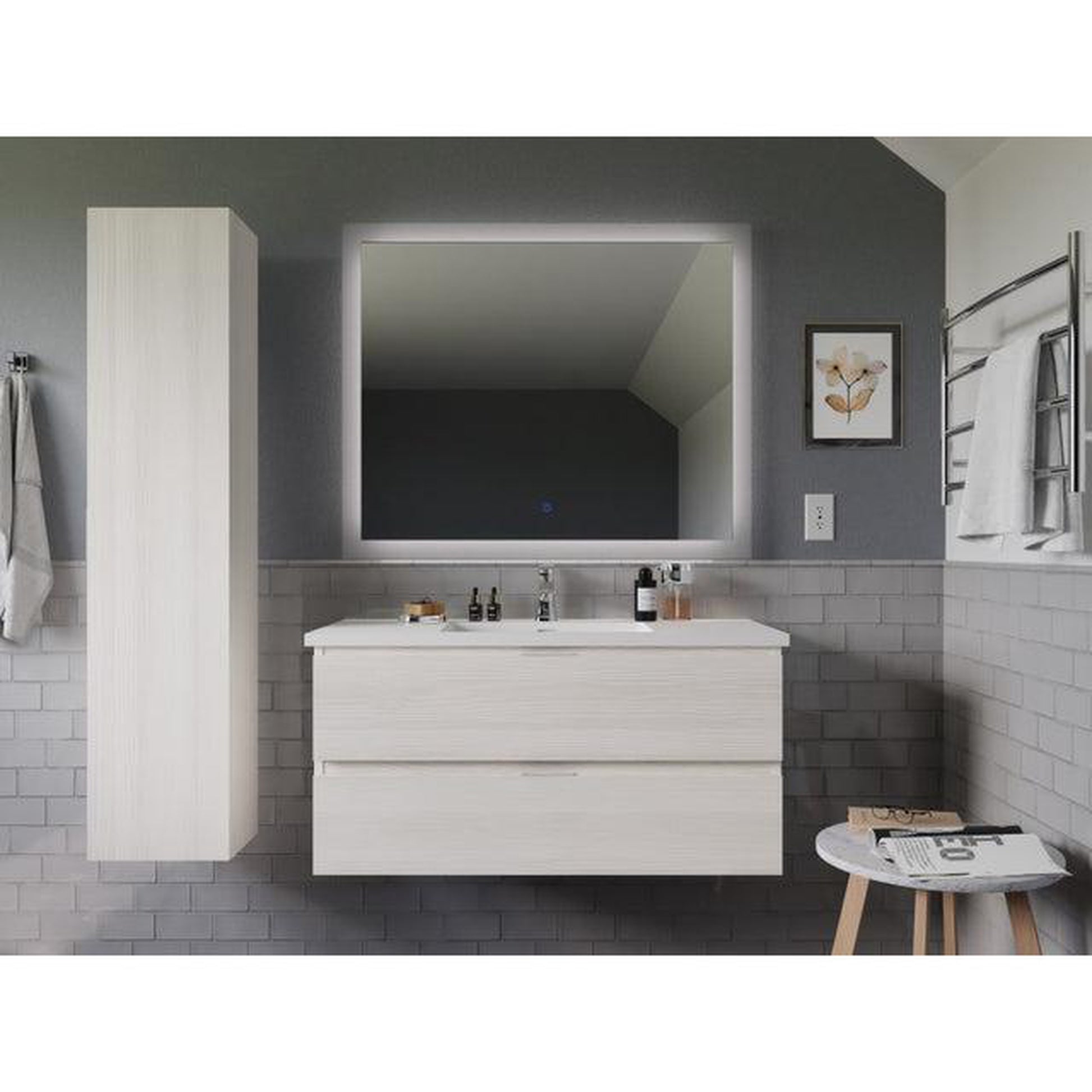 ANZZI Conques 39" x 20" Rich White Solid Wood Bathroom Vanity With Glossy White Countertop With Sink, 39" LED Mirror and Side Cabinet