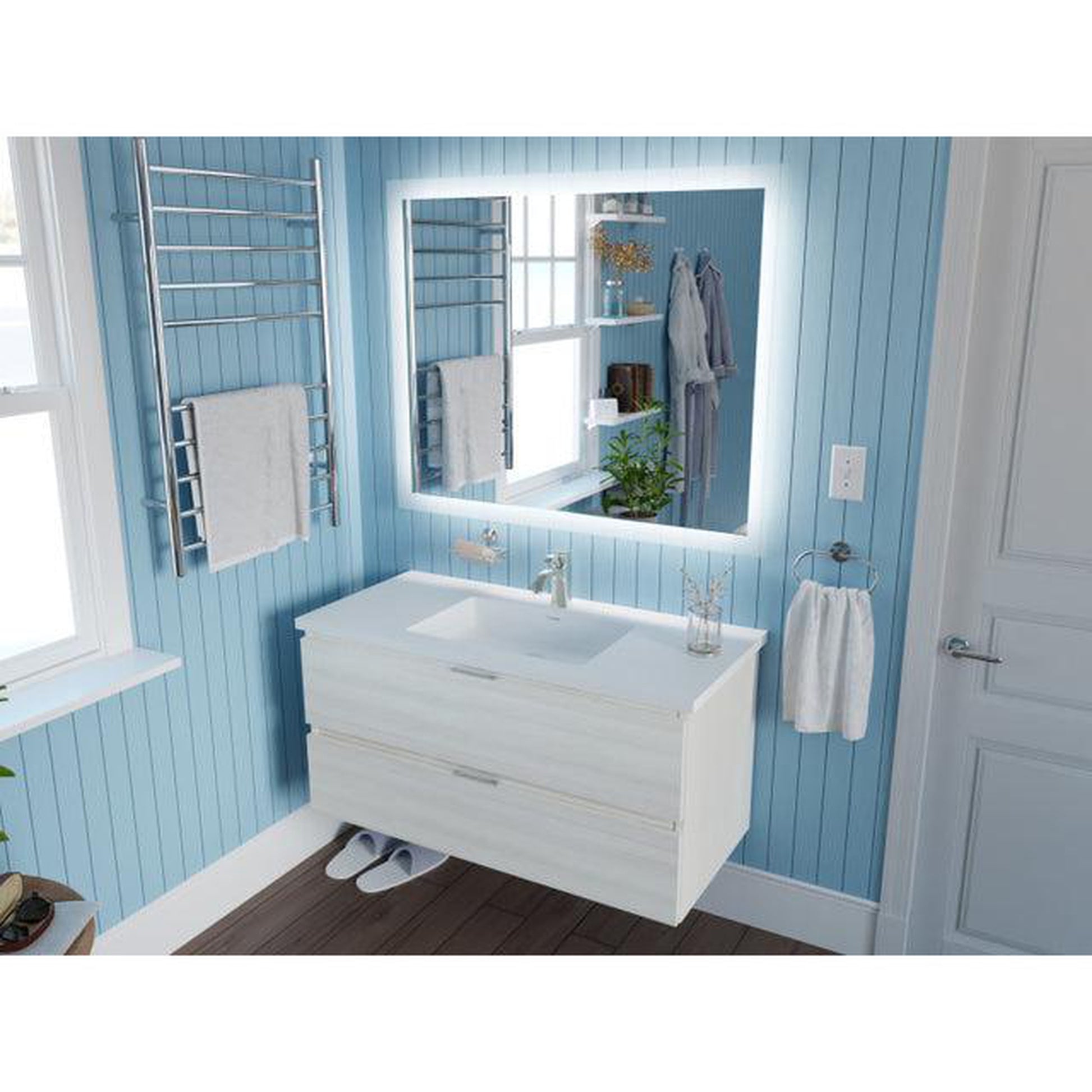 ANZZI Conques 39" x 20" Rich White Solid Wood Bathroom Vanity With Glossy White Countertop With Sink and 39" LED Mirror